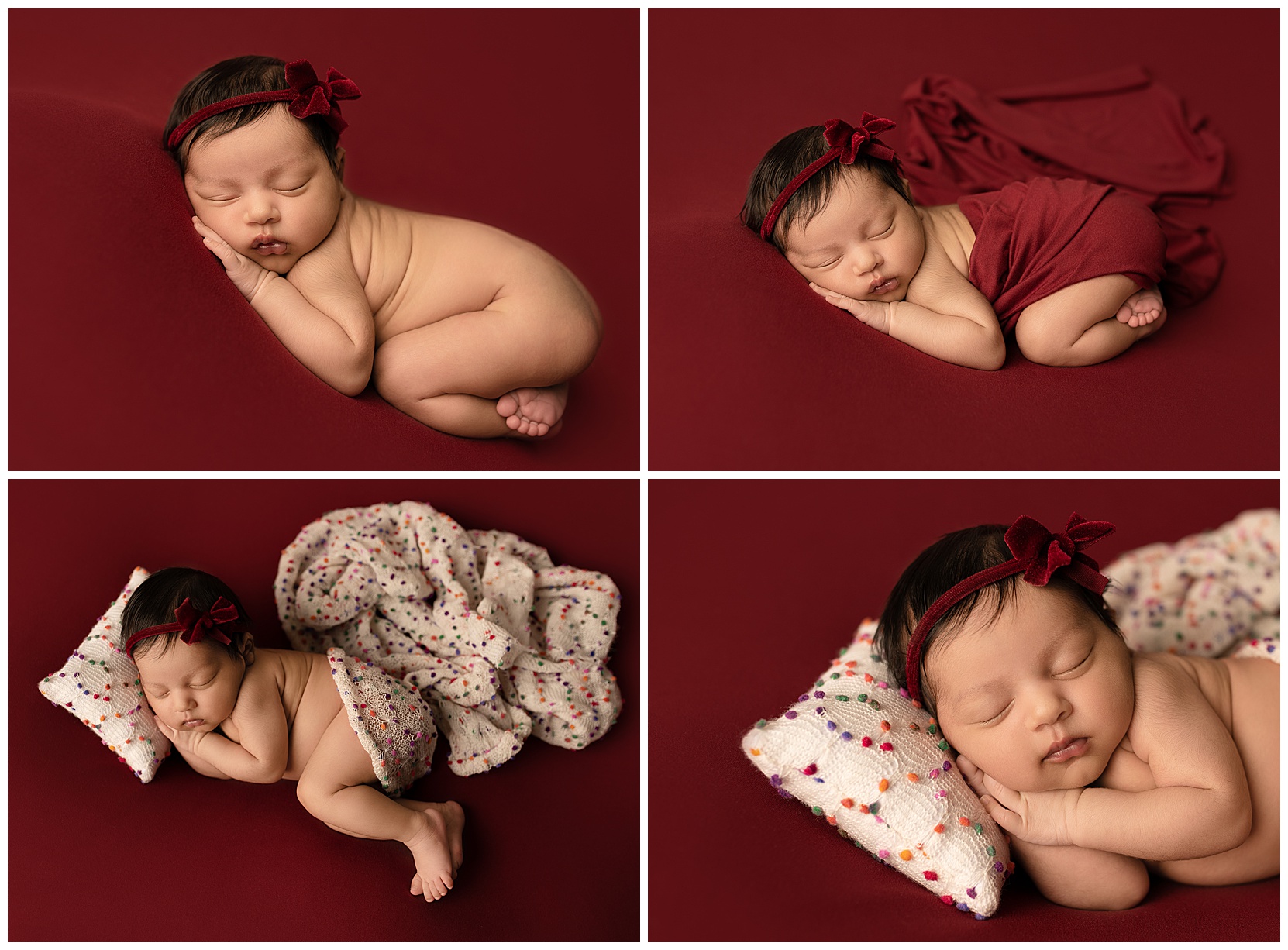 A newborn photo montage of a baby on a dark red background. Baby has a red velvet bow on her head.