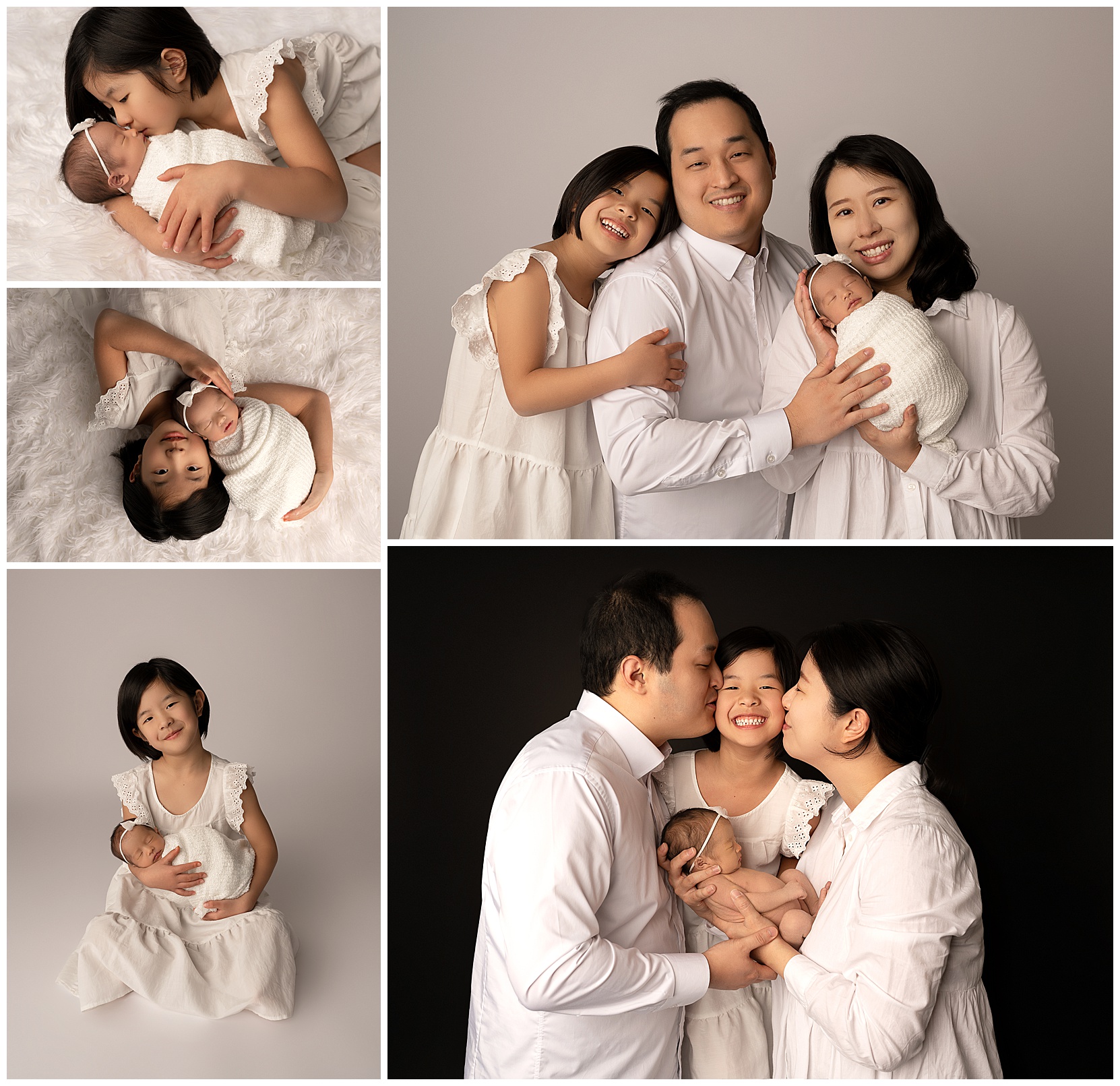 Family photo montage featuring a man, woman, small girl, and newborn baby