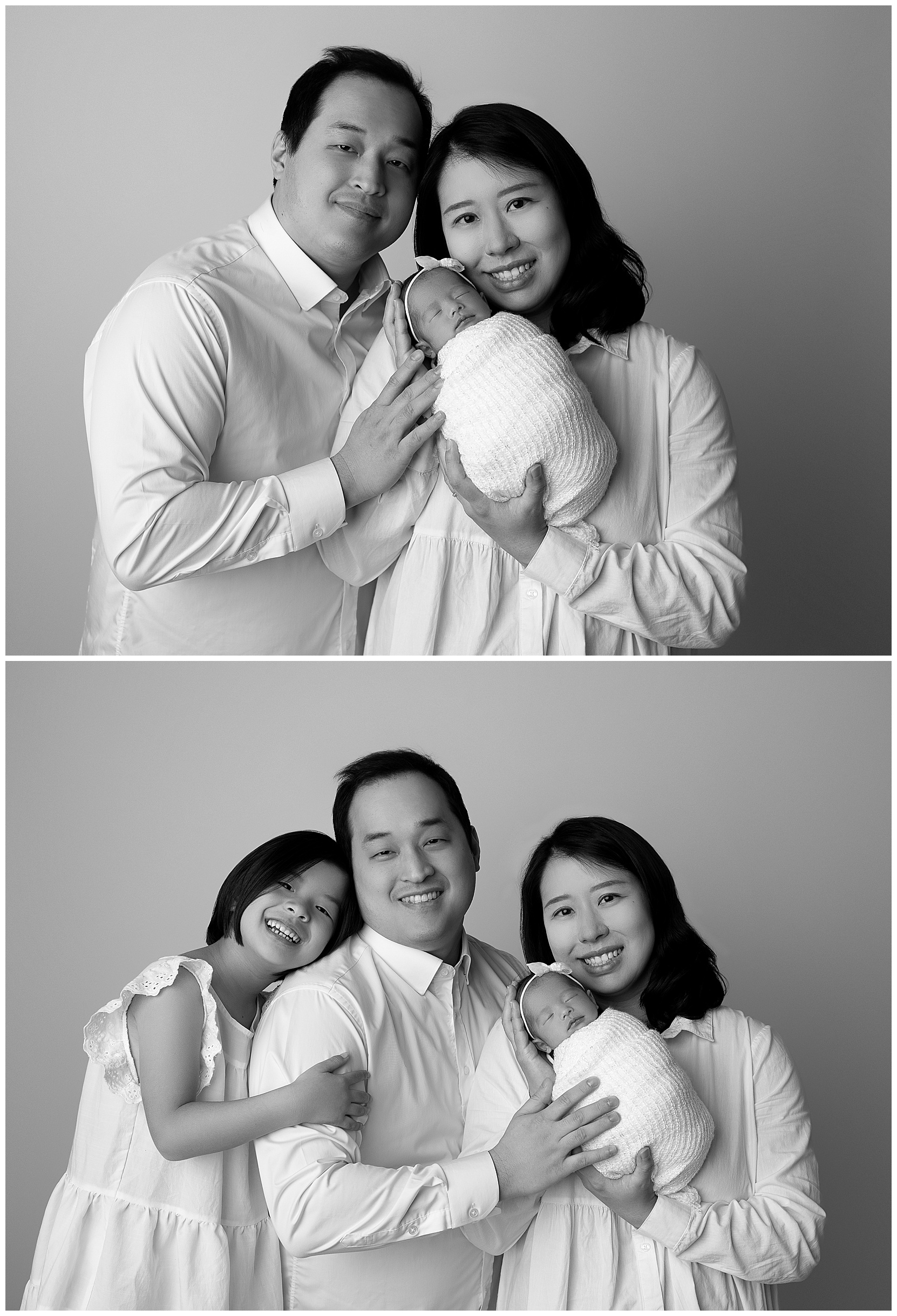 Two black and white family photos. Top photo features a man and a woman holding their newborn baby together. Bottom photo features a little girl, man, woman, and newborn baby posing together. 