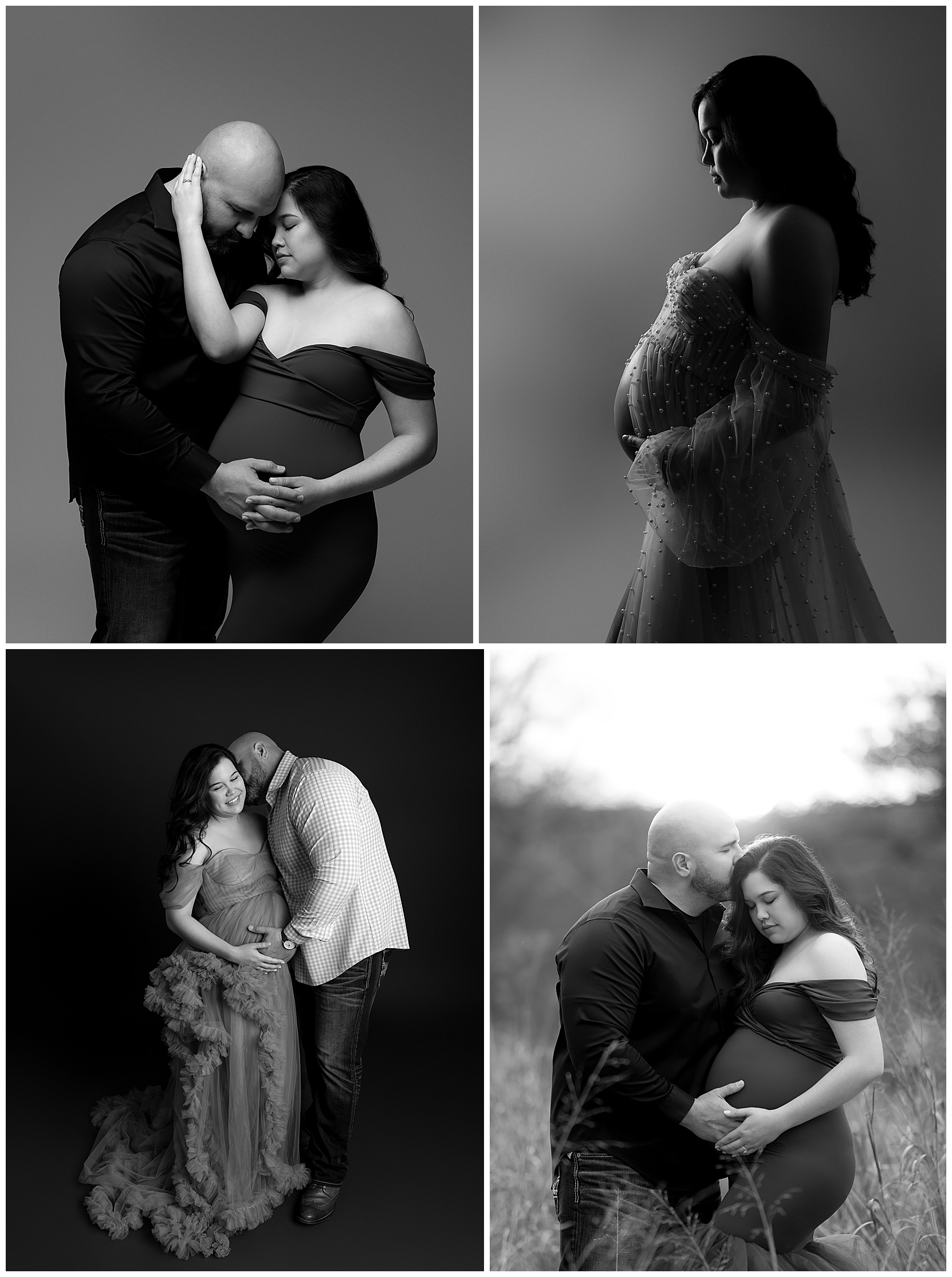 Set of four black and white maternity photos. 