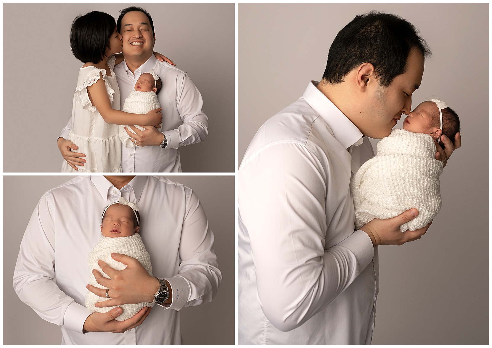 Family photo montage taken in Austin photo studio. Features a little girl, her father, and her newborn sister.
