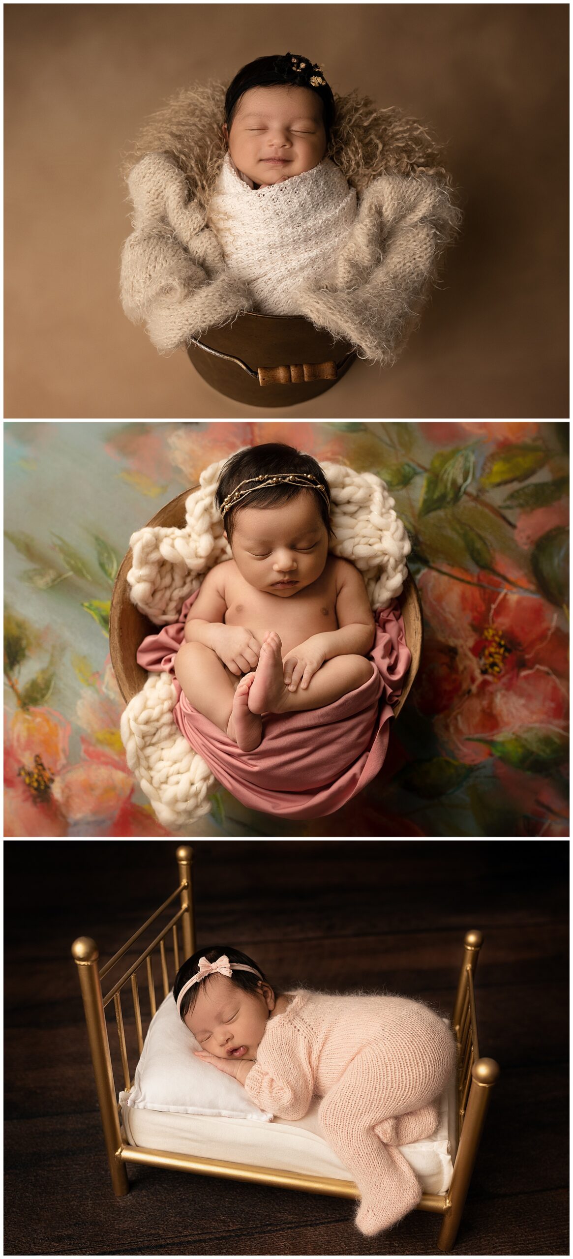 Newborn photo montage includes three photos of one newborn: One in a fur-lined basket, one in a basket on a floral background, and one on a small, brass bed.