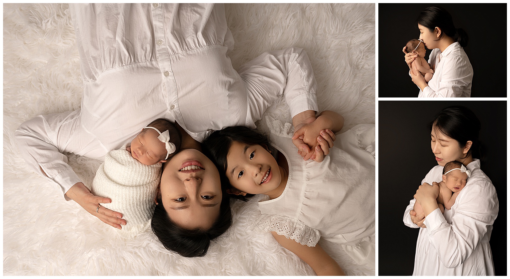 Color photo montage of mother and two daughters: one daughter is a young girl, one is a newborn. First photo includes all three and is taken on a white sheepskin background, second two photos on a black background feature just mom and newborn. 