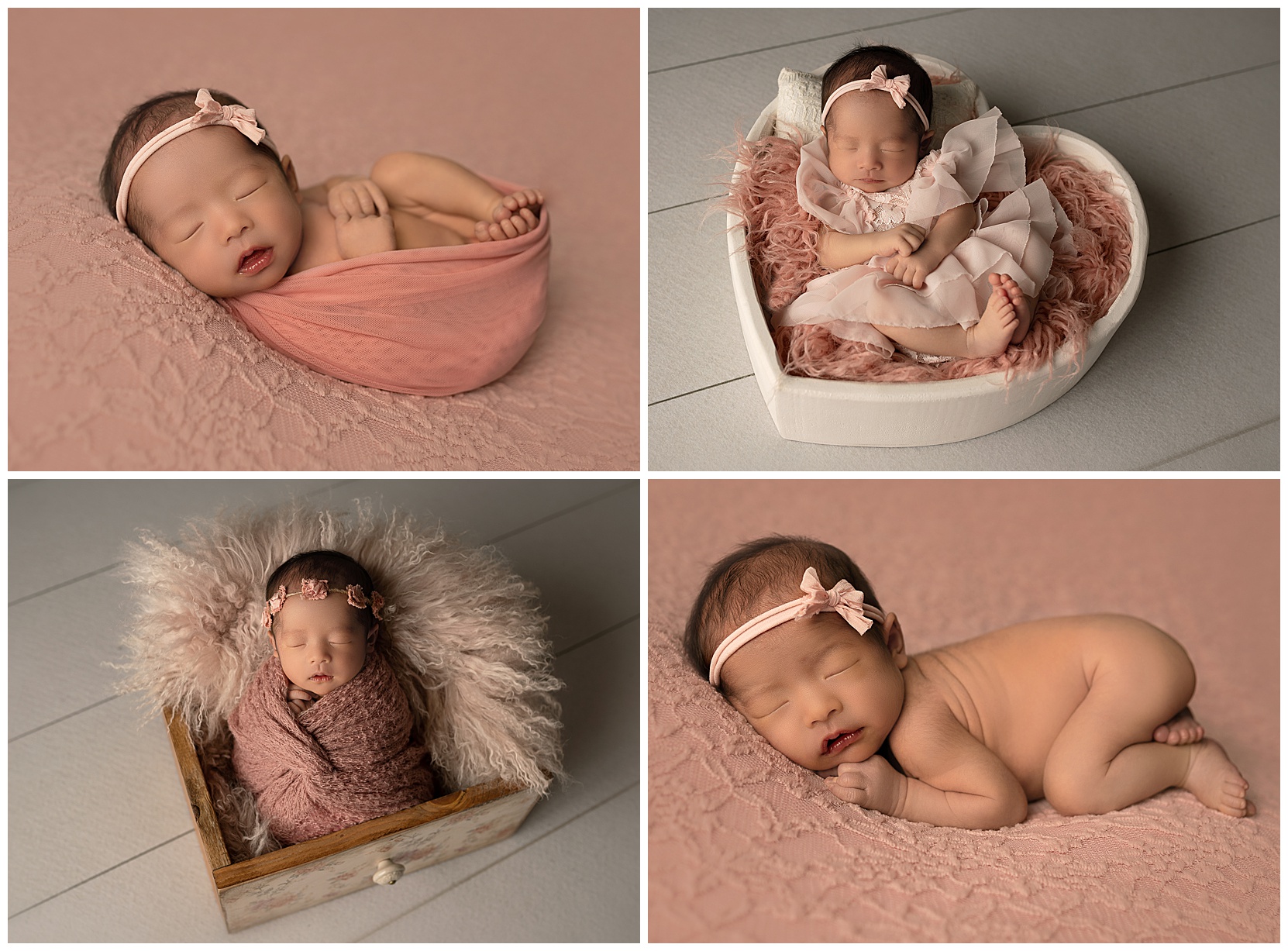 Set of four newborn photos with pink colored elements. Upper left photo is newborn wrapped in pink on a lighter pink, lace background. Upper right photo features a newborn in a heart-shaped bowl. Lower left features a baby in a drawer wrapped in pink and propped up on sheepskin. Bottom right photo includes a newborn wearing a pink bow on a pink lace background.
