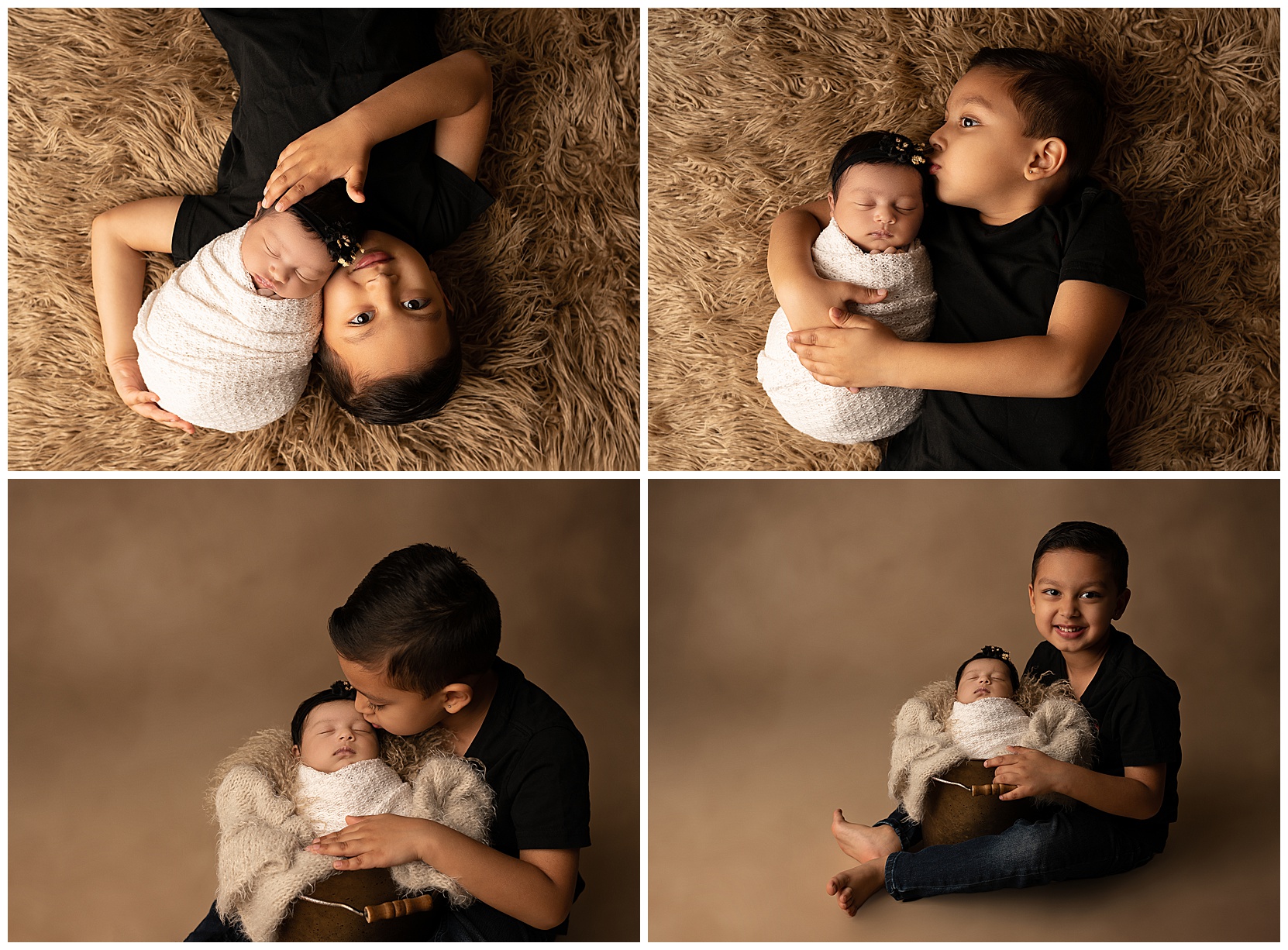 Set of four photos featuring a young boy in a black tee shirt holding his newborn sister swaddled in white cloth.