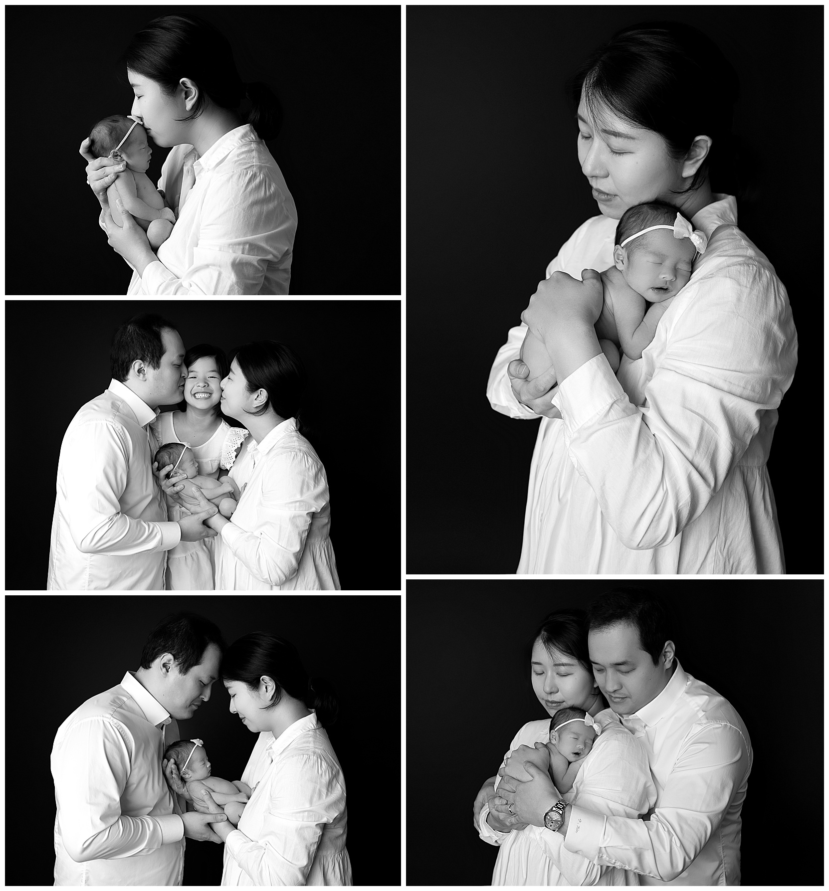 Black and white family photo montage featuring a man, woman, young child and newborn baby taken in the Hello Photography Austin family photography studio
