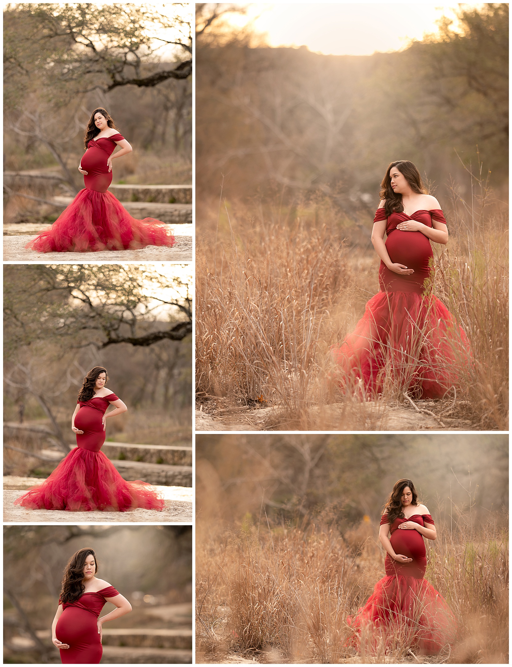 Montage of outdoor baby bump photos featuring a woman in a red maternity gown against a Texas shrubscape