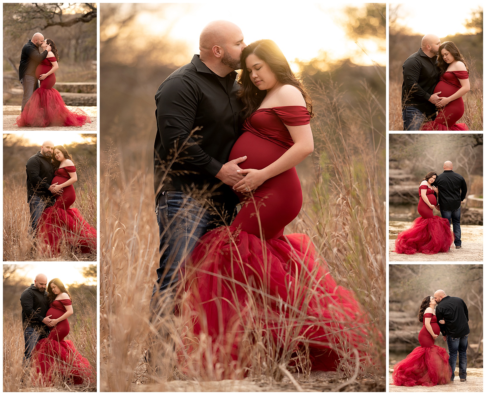 Outdoor maternity photo collage with a pregnant woman in a red maternity gown and her partner in a black button-up shirt. They are set against a Texas shrubscape background.