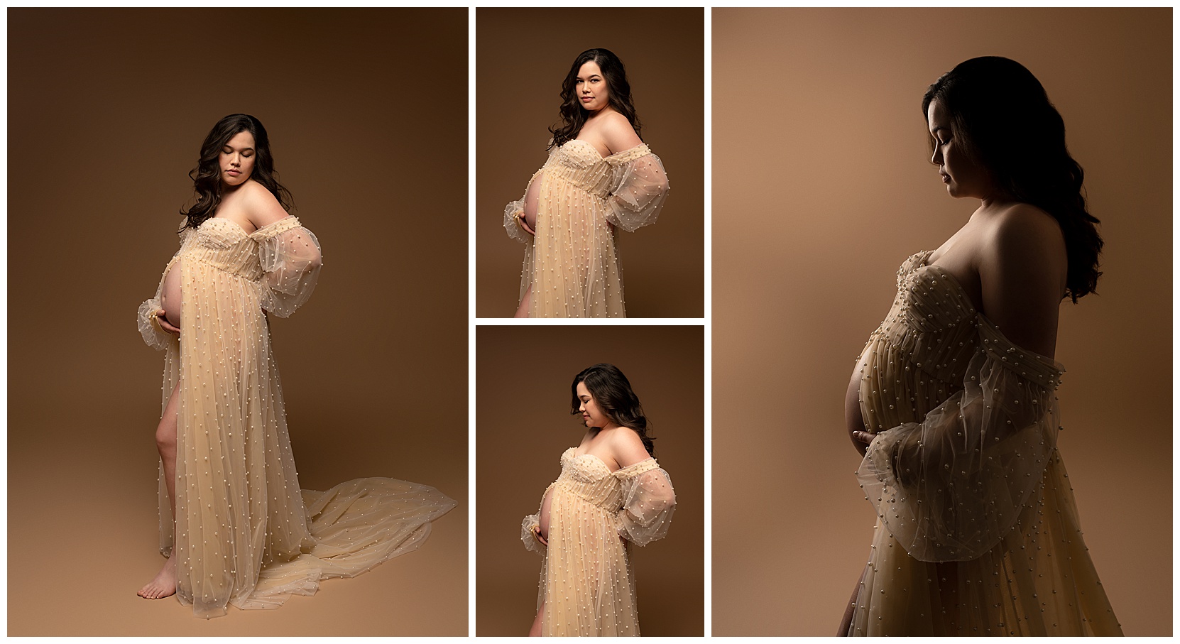 Montage featuring four full color maternity photos of one woman in a cream colored maternity gown. Woman is standing in different side-facing poses.