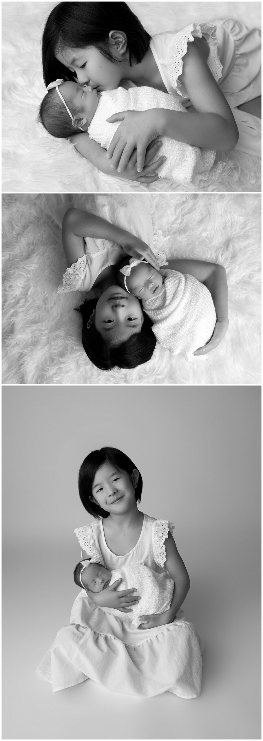 Three black and white photos with a little girl in a white dress and a newborn baby wrapped in white. Taken in Austin family photography studio.