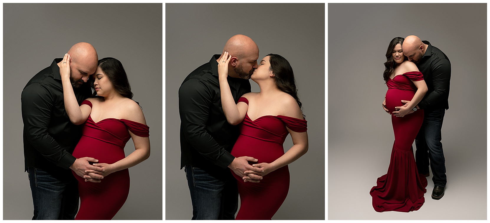 Collage of three maternity photos featuring a pregnant woman in a red maternity gown and her male partner in a black button-up shirt