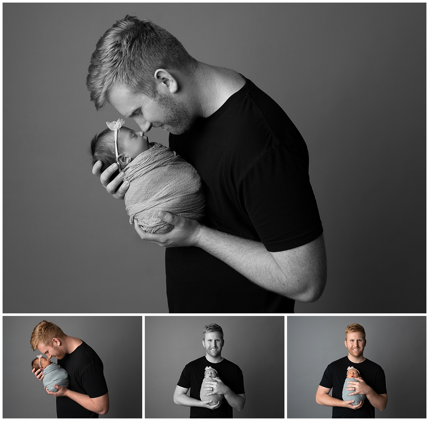 Photo montage featuring a young man holding his newborn baby in various poses