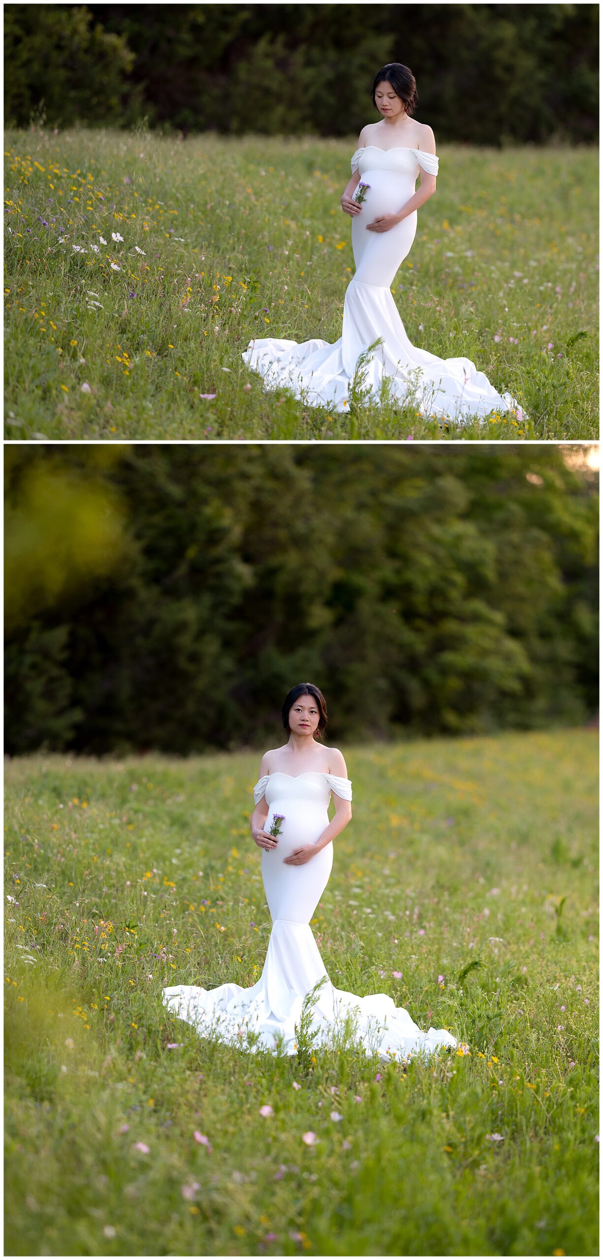 Brushy creek maternity photos featuring a pregnant woman in a white maternity gown standing in a field of wildflowers