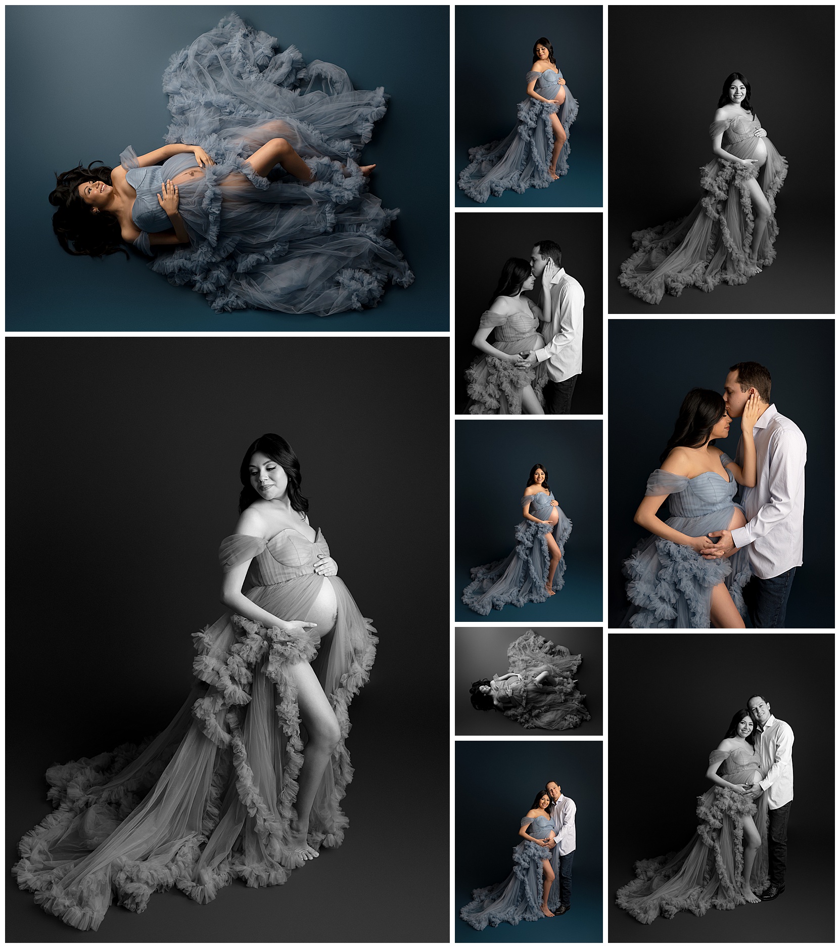 Austin studio maternity photo montage of a man and pregnant woman. Woman is in a dusty blue, ruffled tulle maternity gown and man is in a white button-up and jeans. 