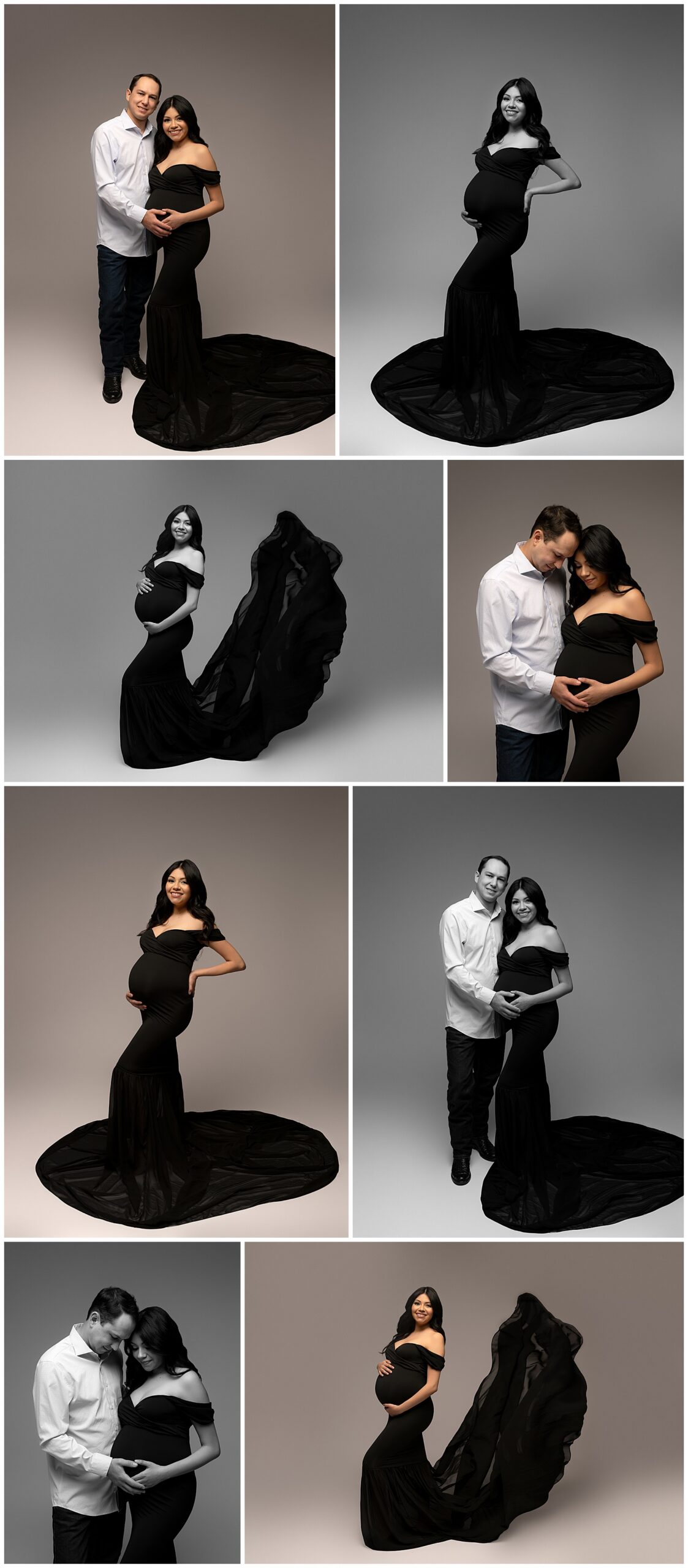 Photo montage of a woman and man containing black and white and color photos. Woman is in a long, black maternity gown and holding her baby bump.