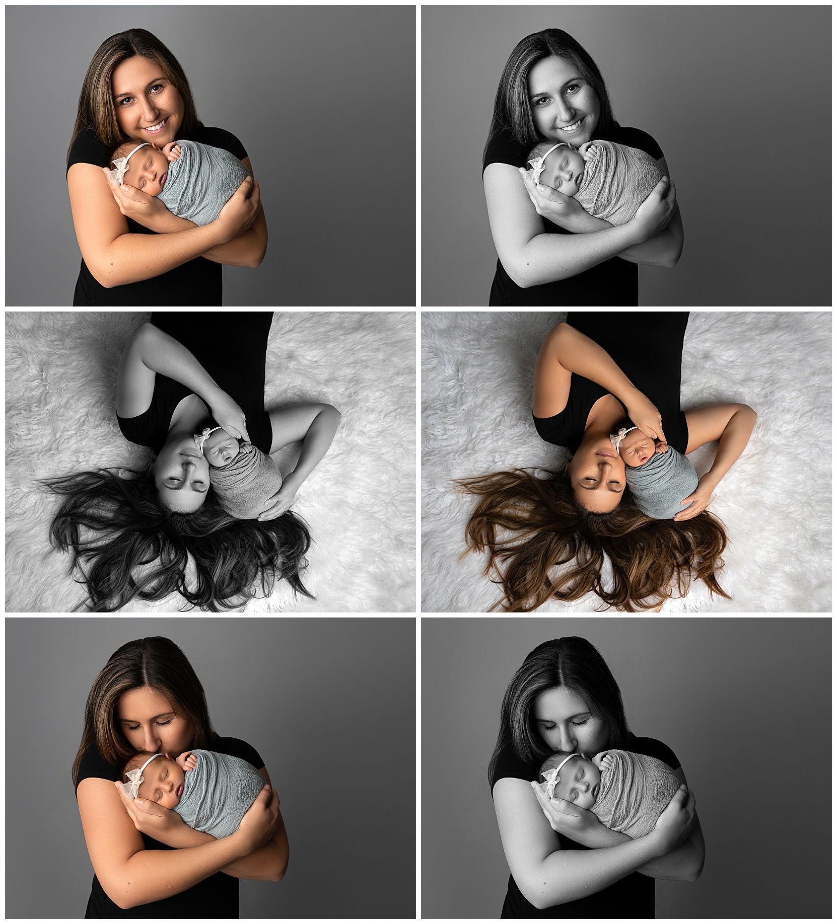 set of six photos featuring a young woman posing with her newborn baby in a Cedar Park newborn photography studio