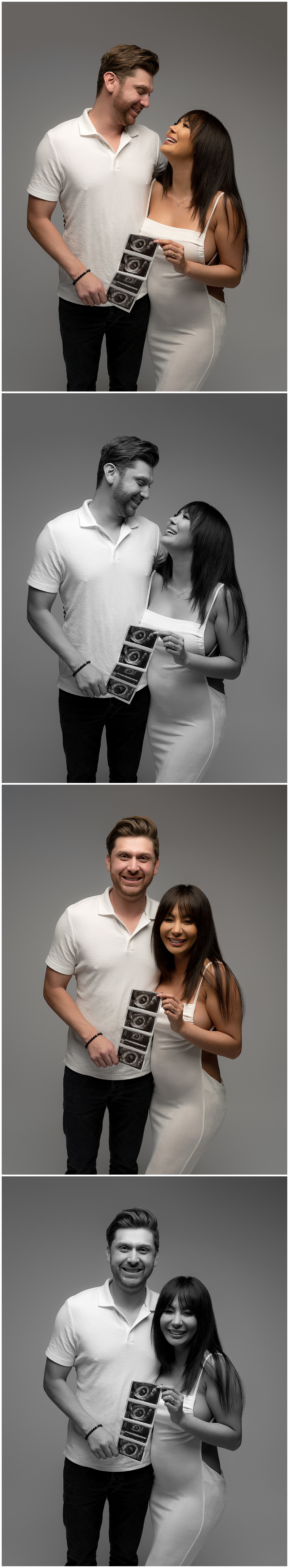 Photo reel of four pregnancy announcement photos featuring a woman in a white dress and her partner holding ultrasound photos