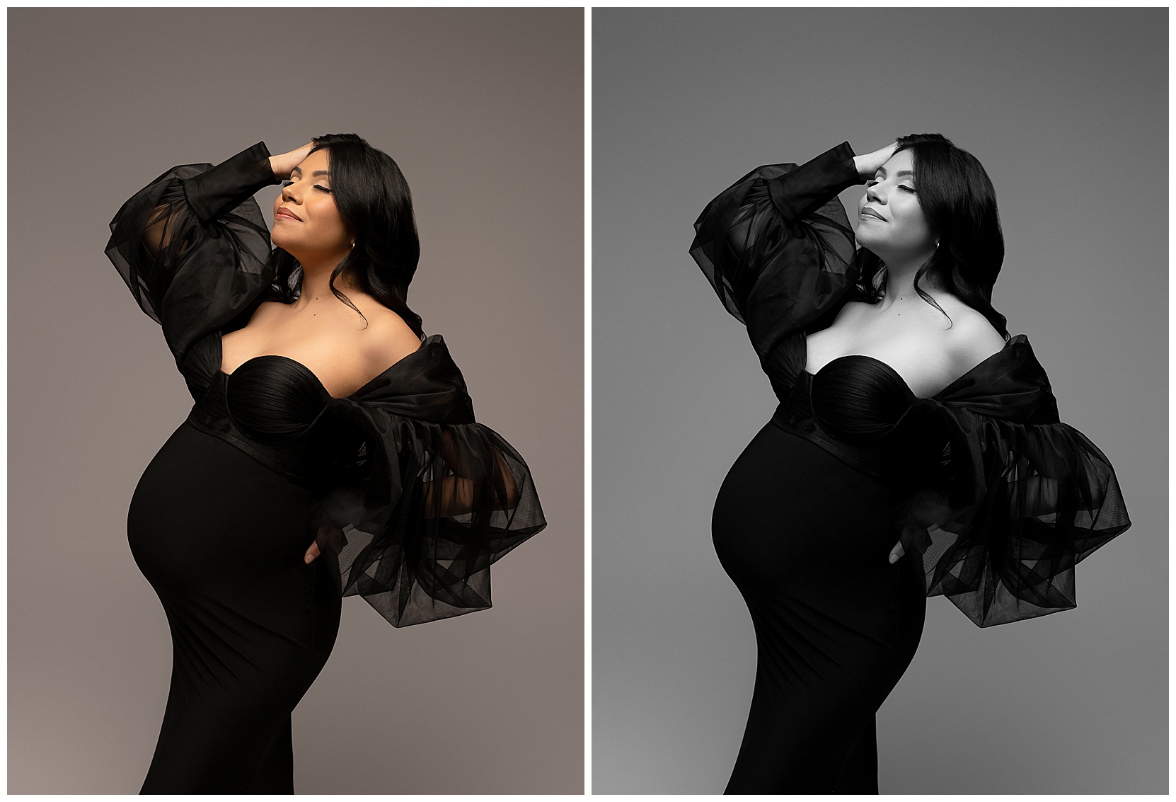 Two photos, one in color and one in black and white, of a pregnant woman with dark hair in a black maternity gown with puffy tulle sleeves