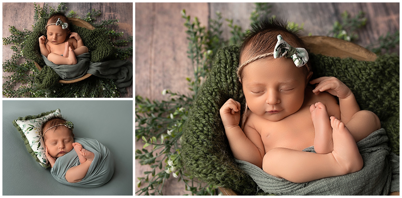 set of three color newborn photos with a green color theme