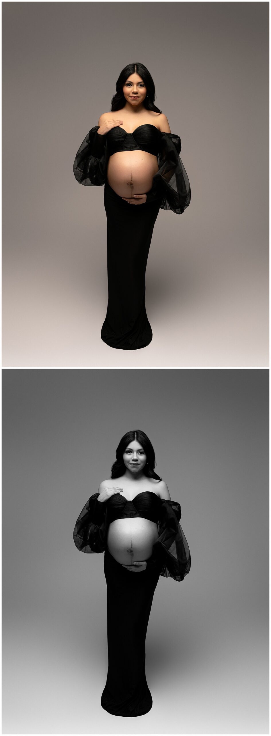 Collage of two photos: top photo is in color, bottom in black and white. Contains a woman in a black gown with pregnant belly exposed -- she is holding her belly. 