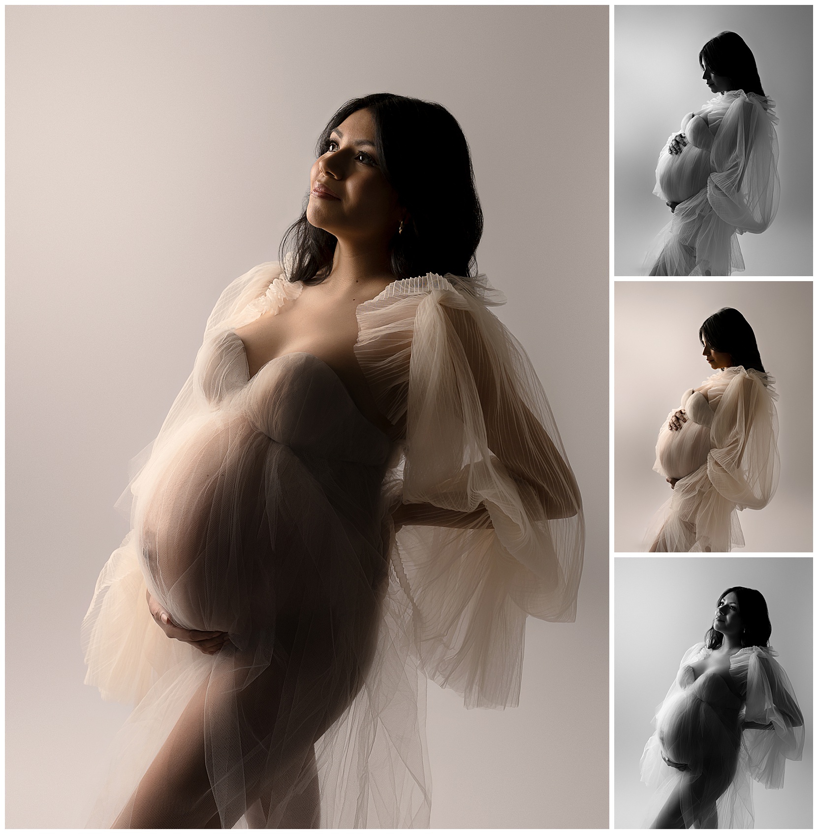 Austin maternity photo montage of a woman with dark hair in a cream-colored tulle dress