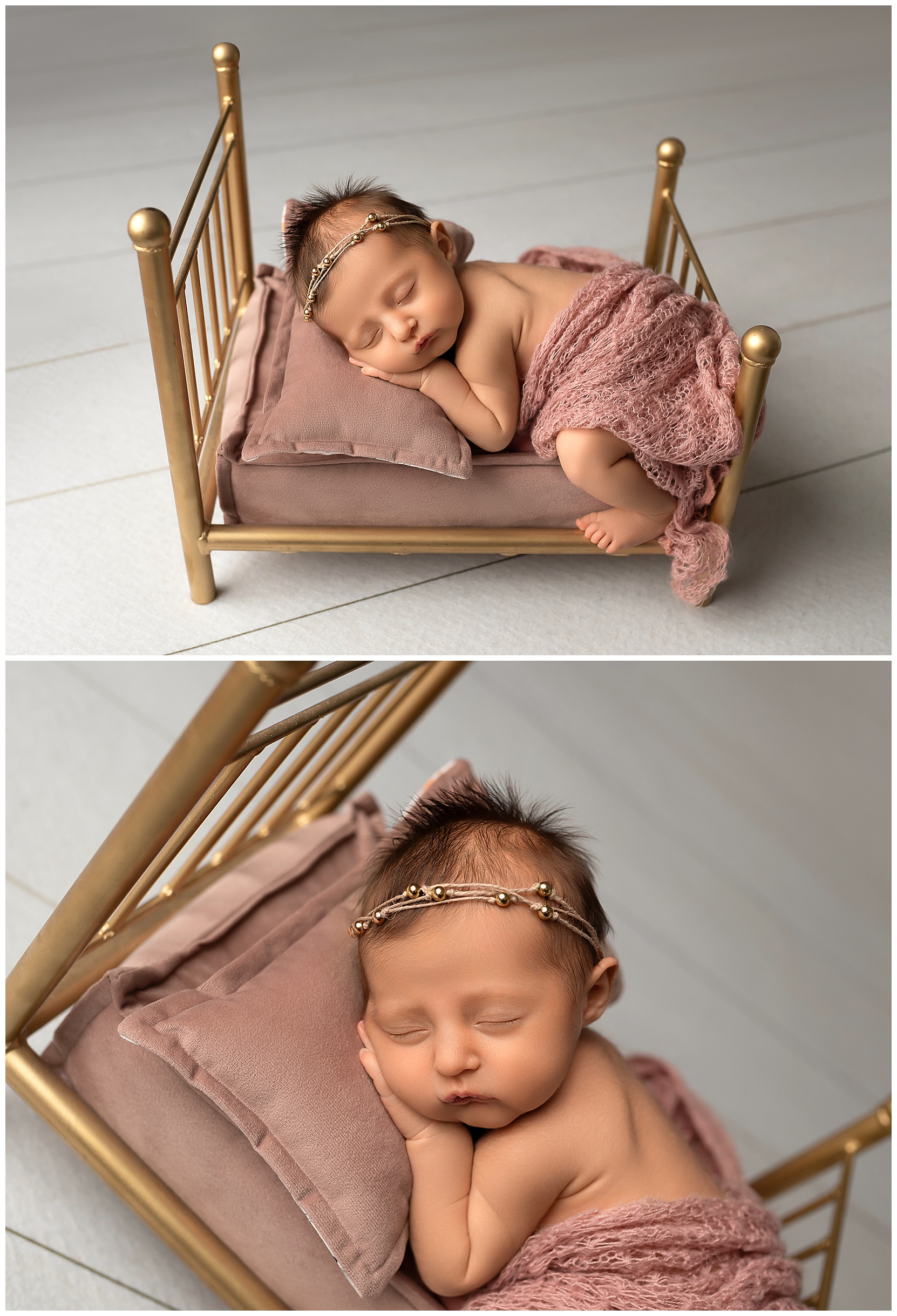 two color newborn photos featuring a newborn on a tiny brass prop bed