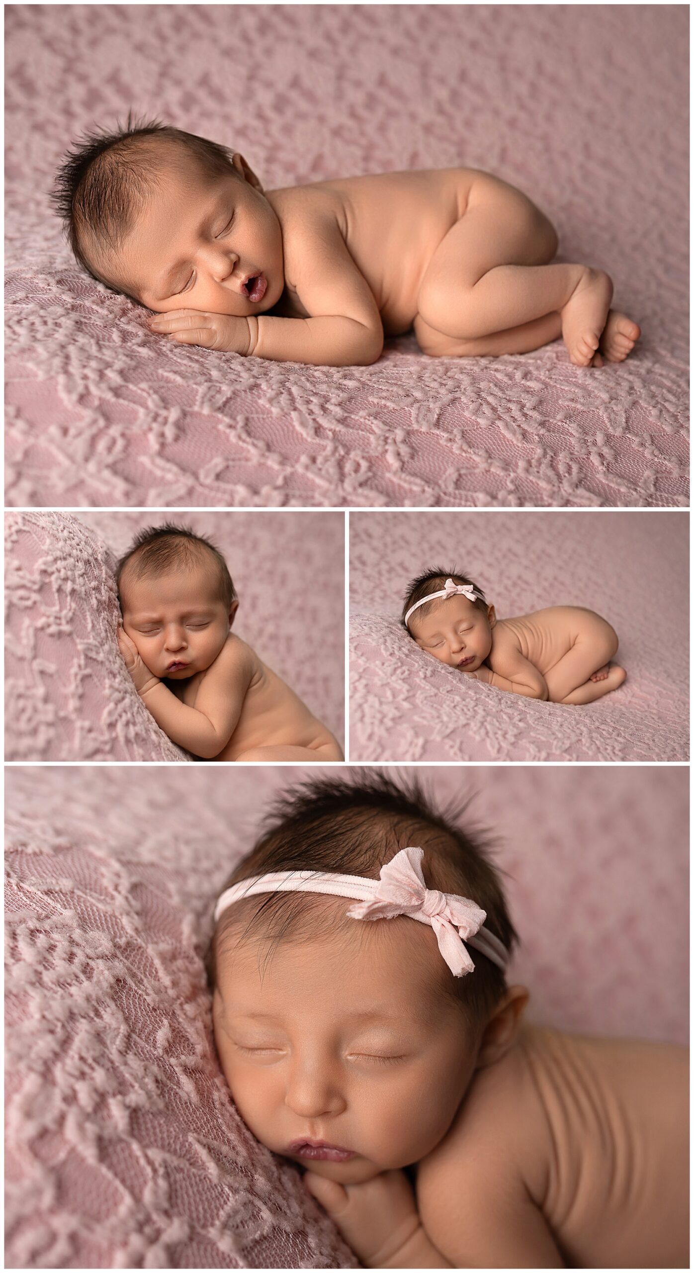 photo montage of a newborn baby on a pink backdrop