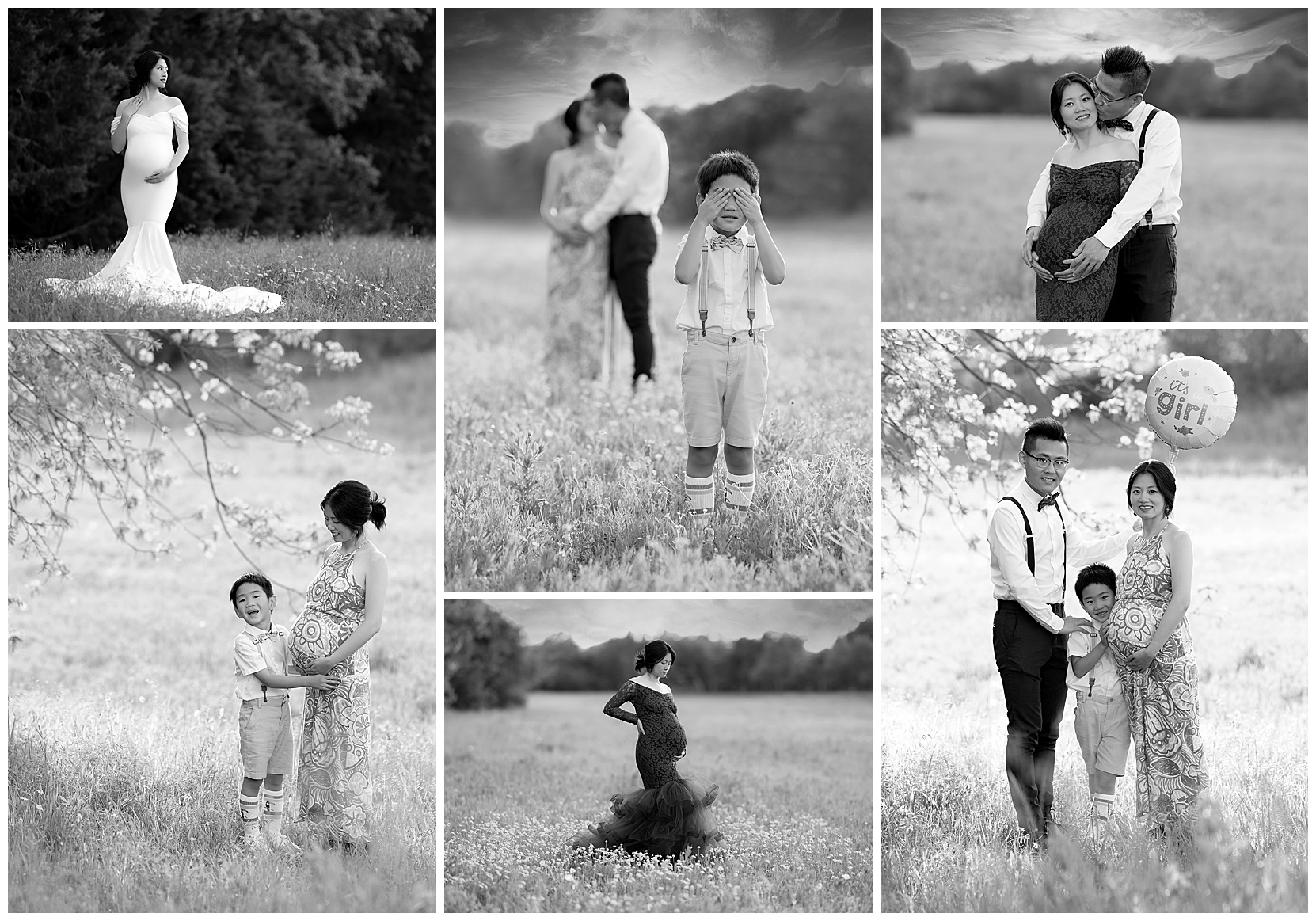 black and white maternity photo montage featuring a young mom, father, and son taken at Brushy creek
