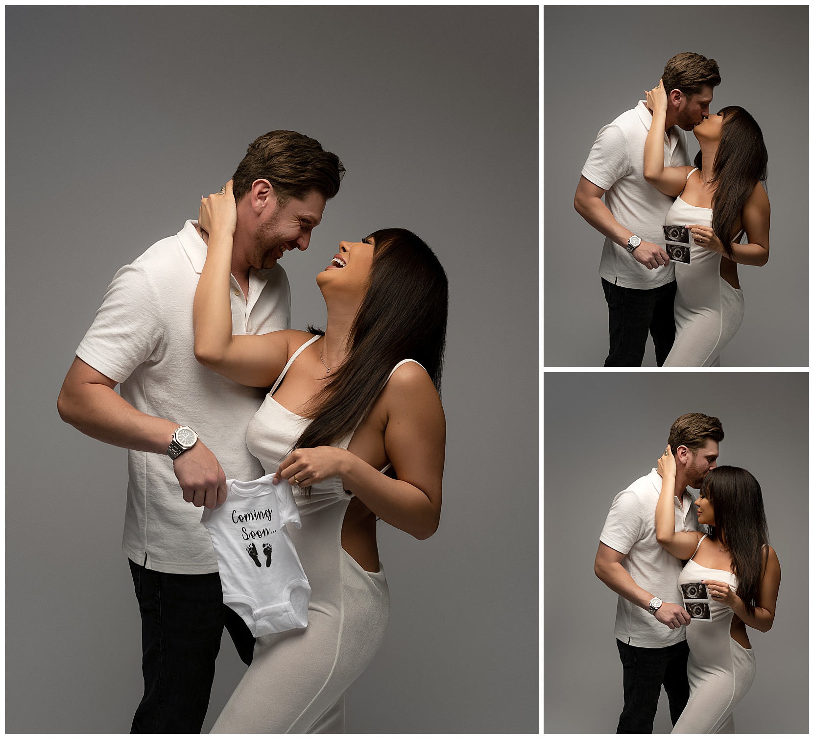 Pregnancy announcement photo montage featuring a woman in a white dress and her male partner