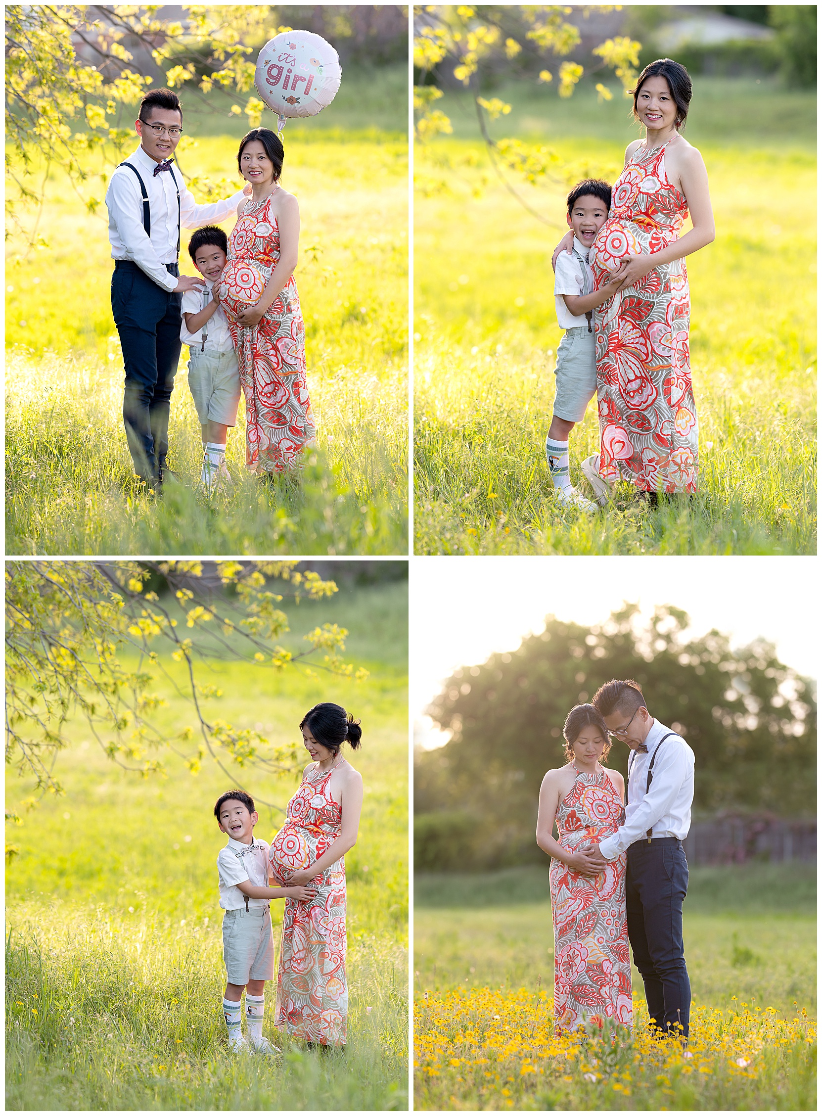 Photo montage featuring a man, woman, and their young son standing in a sunny field