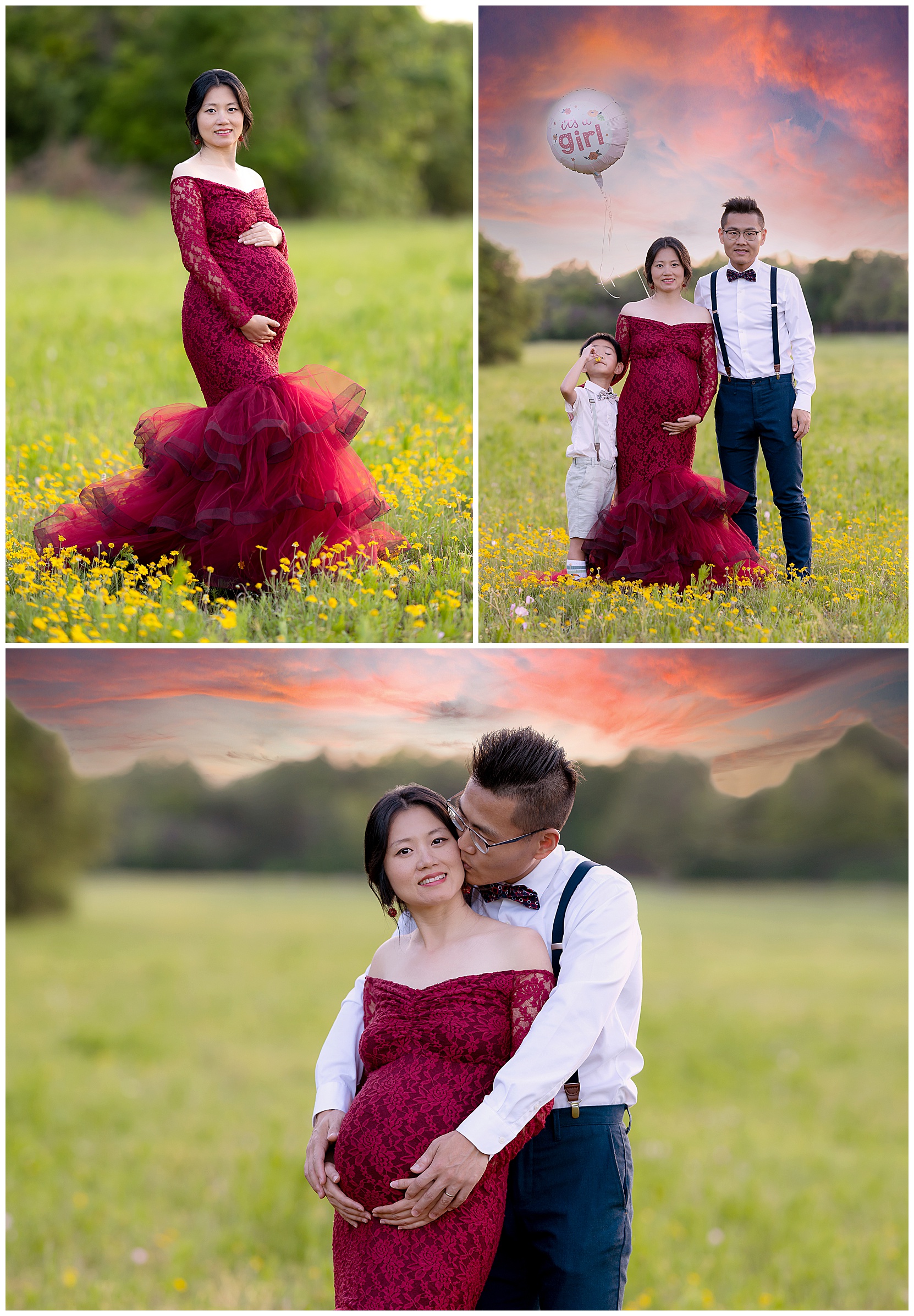 Brushy creek maternity photos featuring a woman in a red maternity gown, her young sun, and her husband