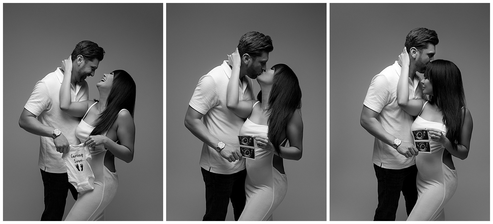 Set of three black and white pregnancy announcement photos featuring a man and a woman kissing and holding each other showing off a onesie and an ultrasound photo