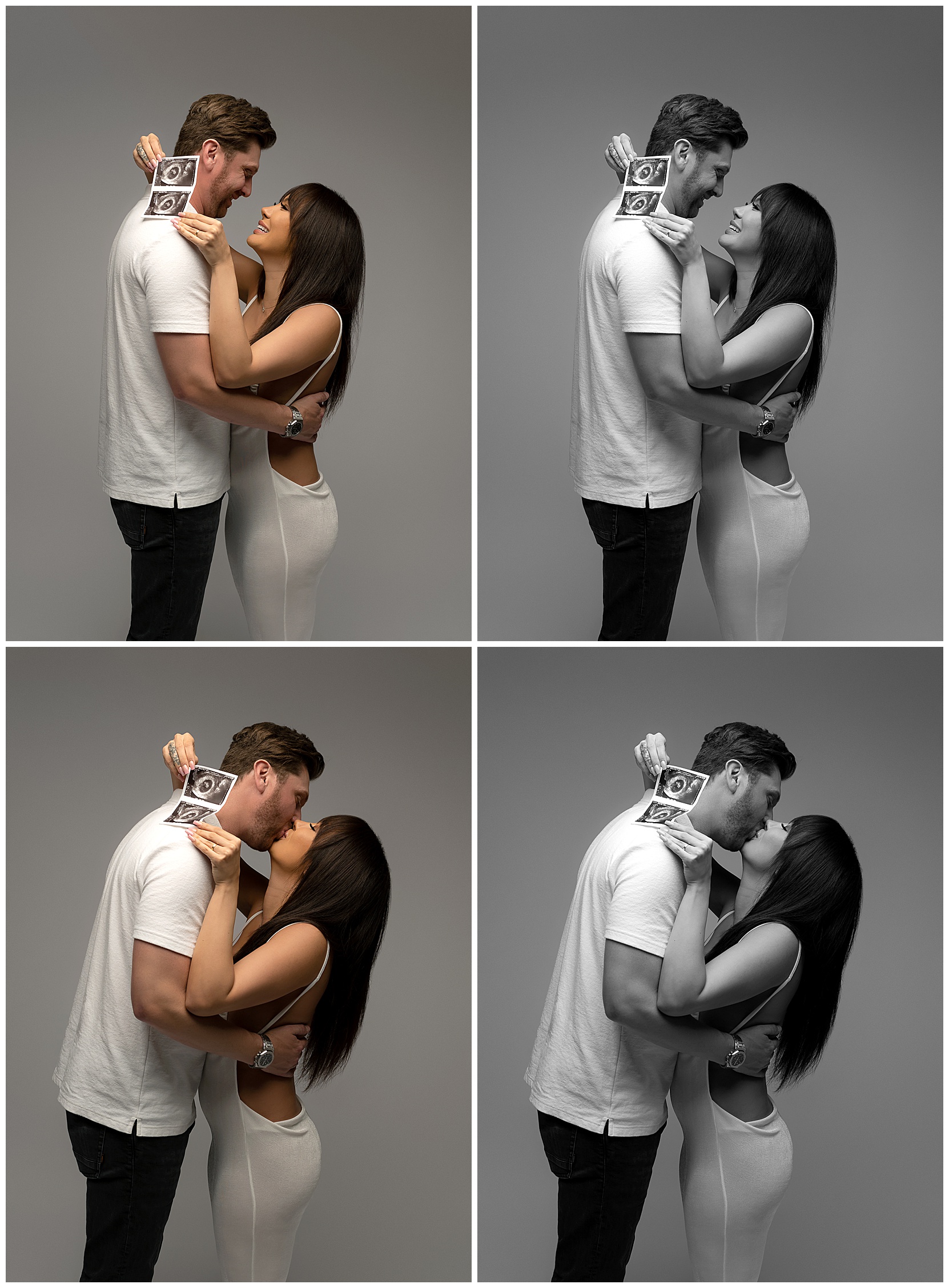 Set of four pregnancy announcement photos featuring two color photos and two black and white photos of a man and a woman holding an ultrasound photo
