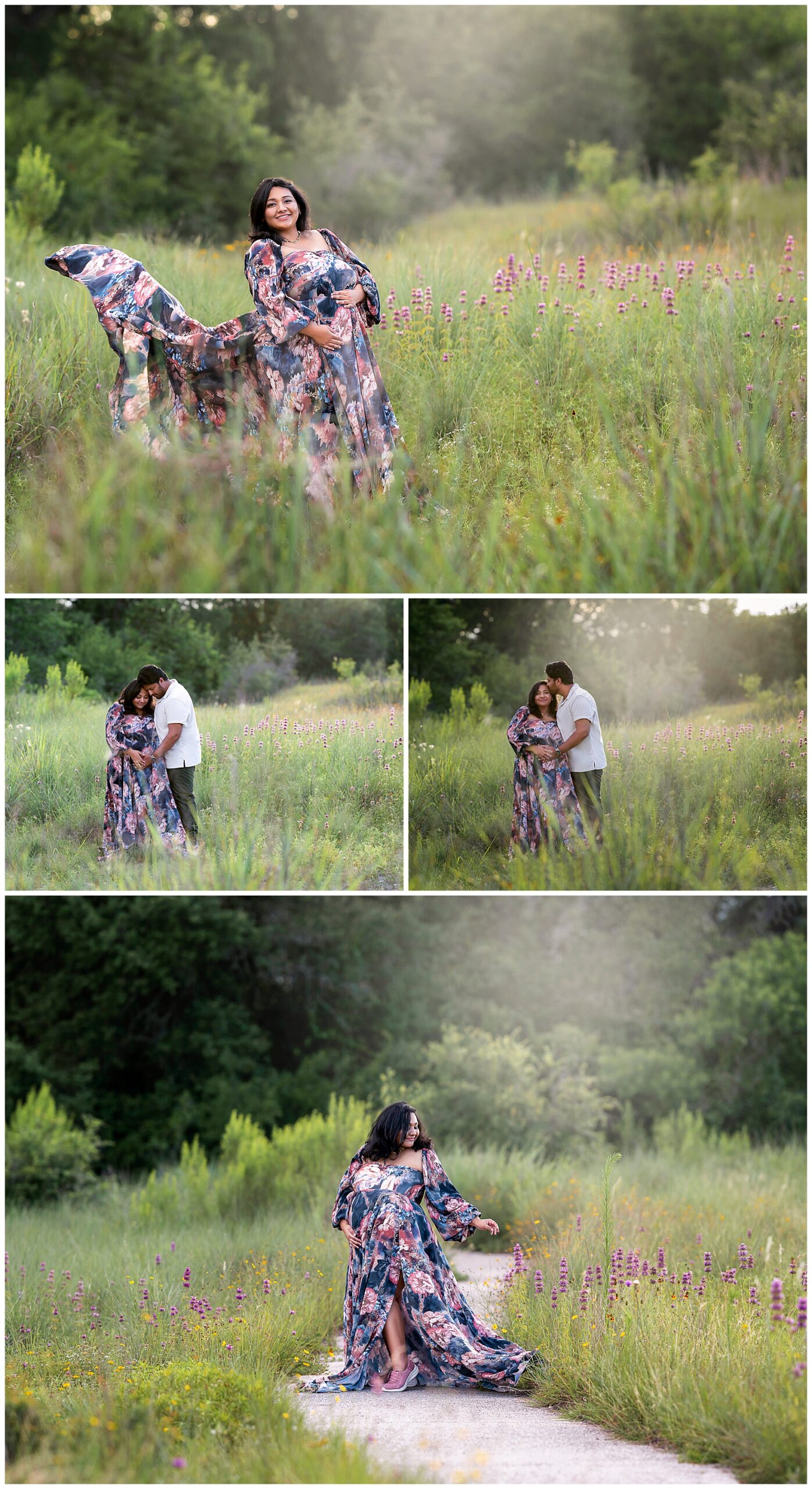 Texas wildflower maternity photo montage featuring a woman in a floral dress standing in a field surrounded by flowers and trees.
