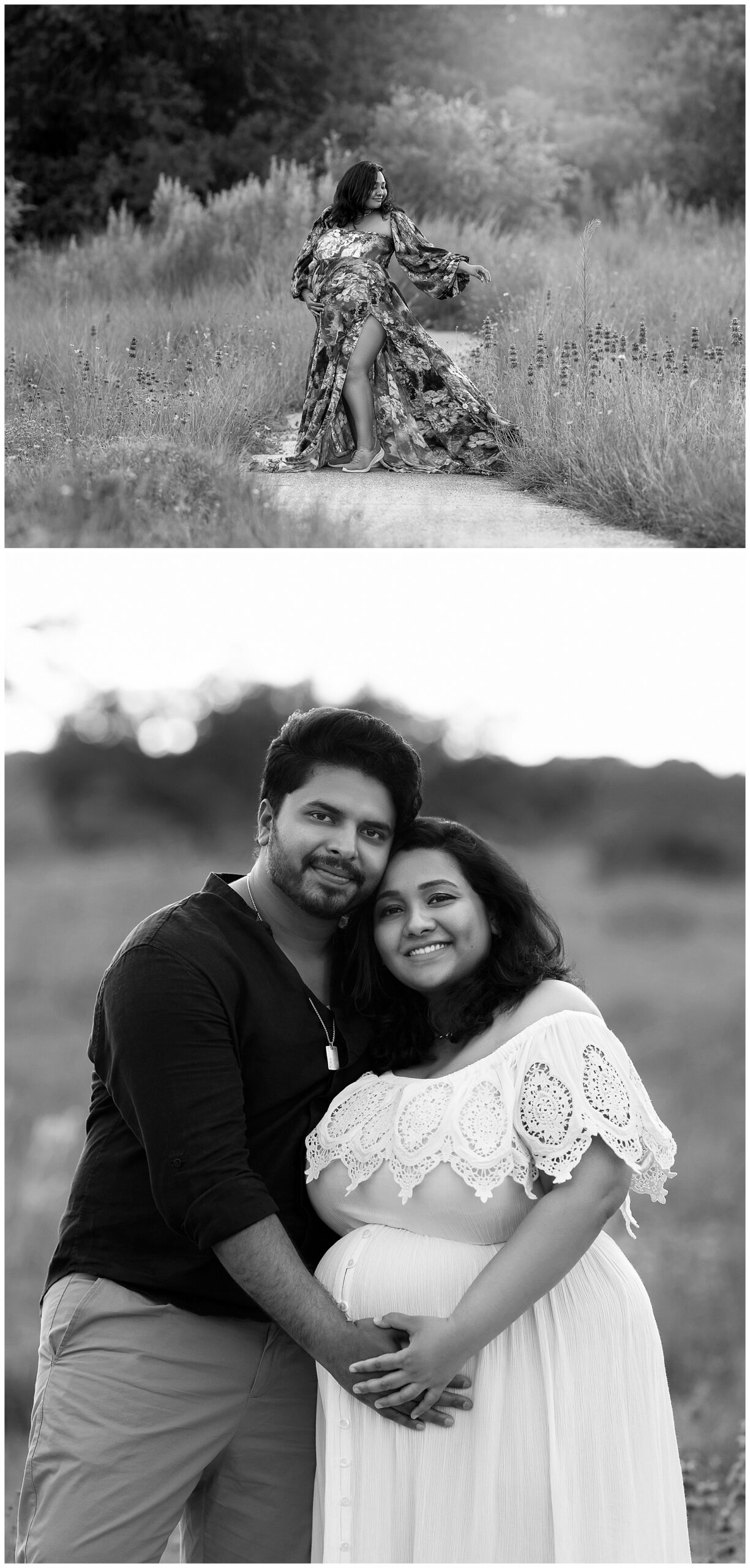 Two black and white maternity photos. The top photo features a pregnant woman posing her baby bump in a floral gown. The bottom photo shows a man in a black shirt and a woman in a white gown posing together.