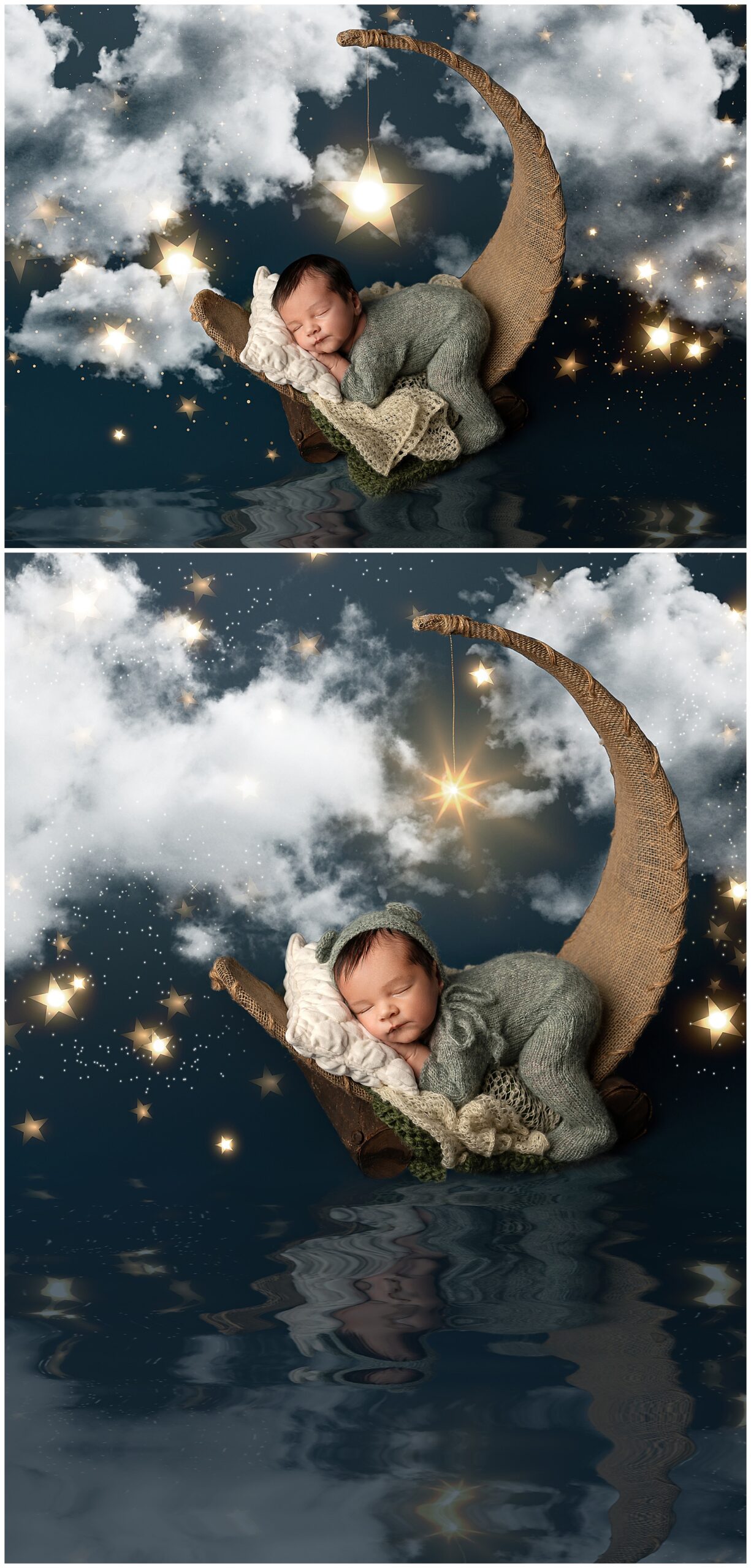 Two images of a newborn with complex newborn photography props, including a jute moon bed, blanket, and background featuring stars, clouds, and a water reflection.