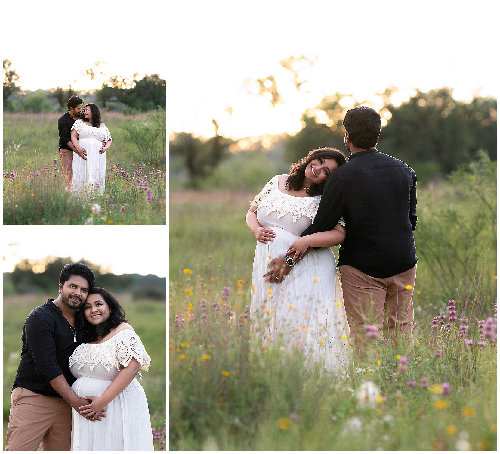 A series of three Texas wildflower maternity photos. Clockwise from top left: A man holds a pregnant woman from behind in a field of wildflowers. A woman in a white dress leans into a man in a dark shirt, both are standing in a field of wildflowers. A man and a woman stand next to one another and hold hands in a way that frames the woman's pregnant belly. 