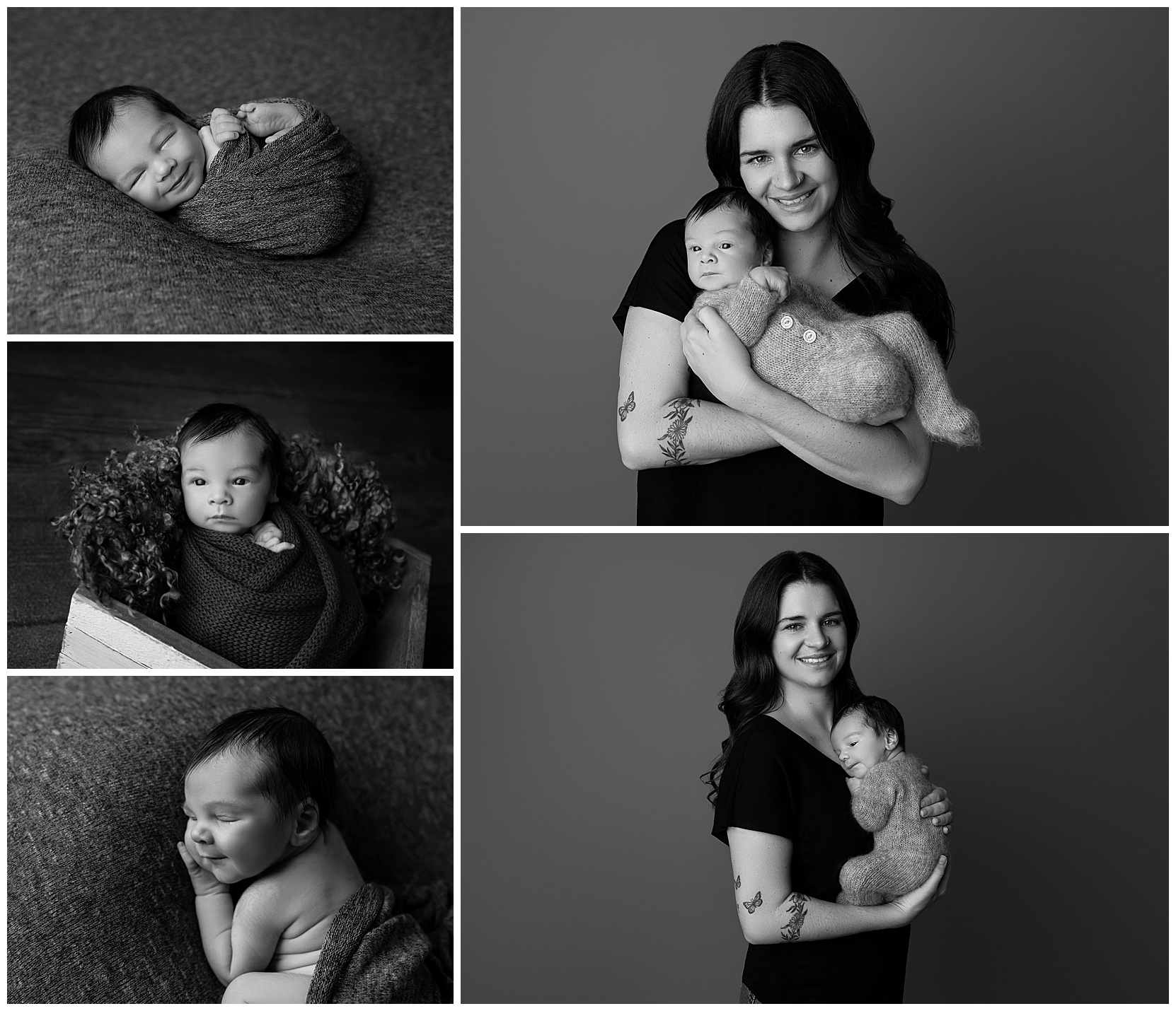 Black and white photo montage featuring photos of a newborn swaddled in a knit blanket on the left and photos of mom holding a newborn on the right.