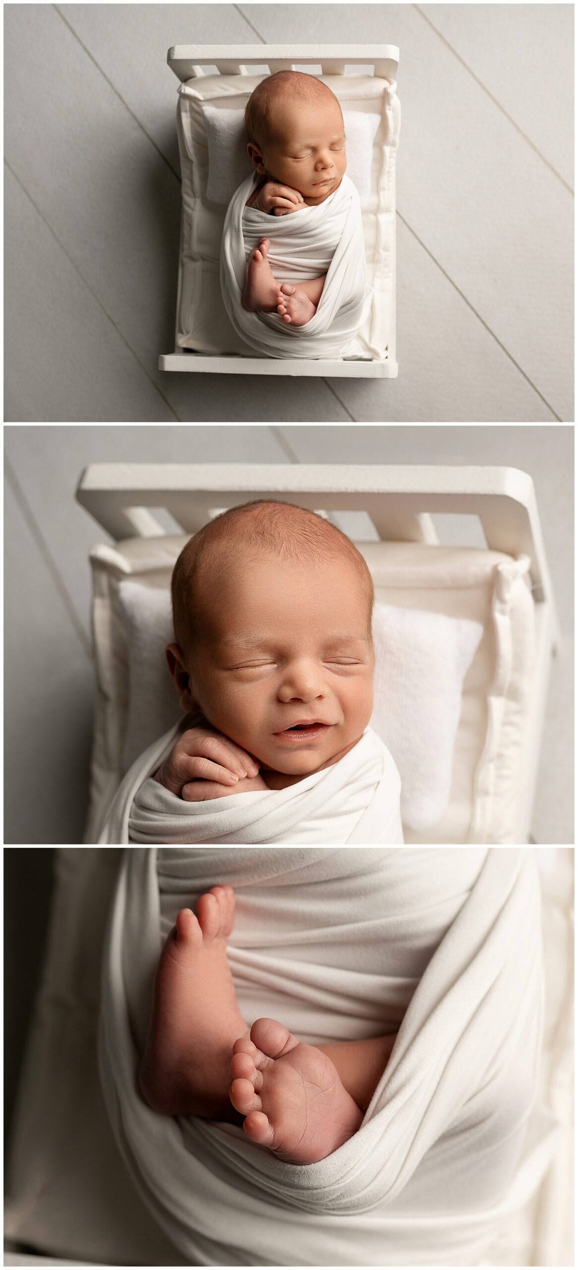 Three pictures of newborns. Top is a full shot of a swaddled newborn, middle is newborn's face and hands, bottom is just newborn's feet. 