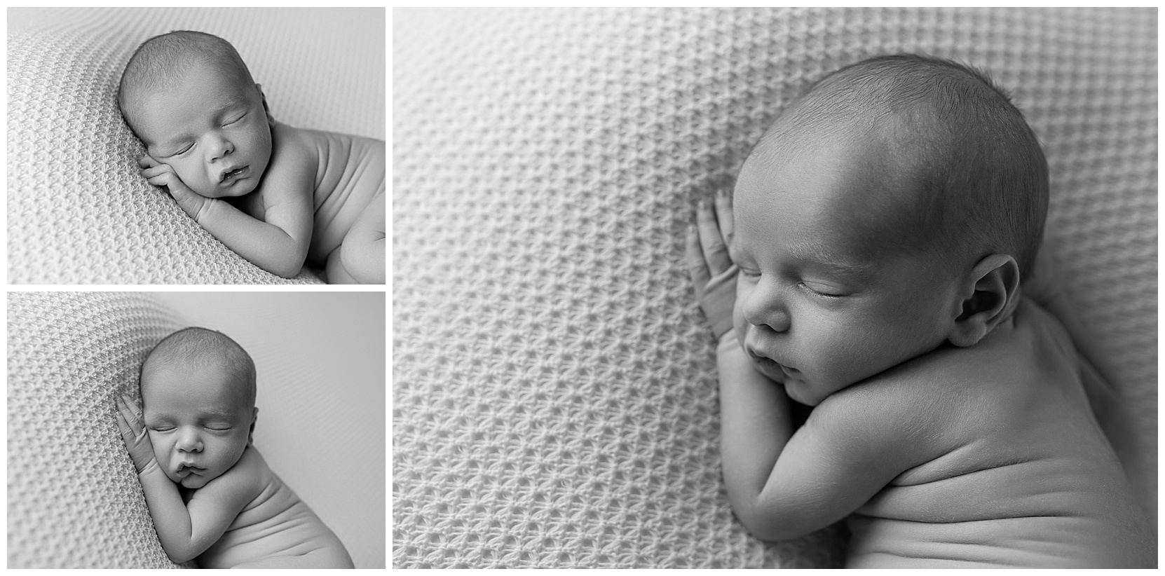 Newborns in three black and white photos, all sleeping