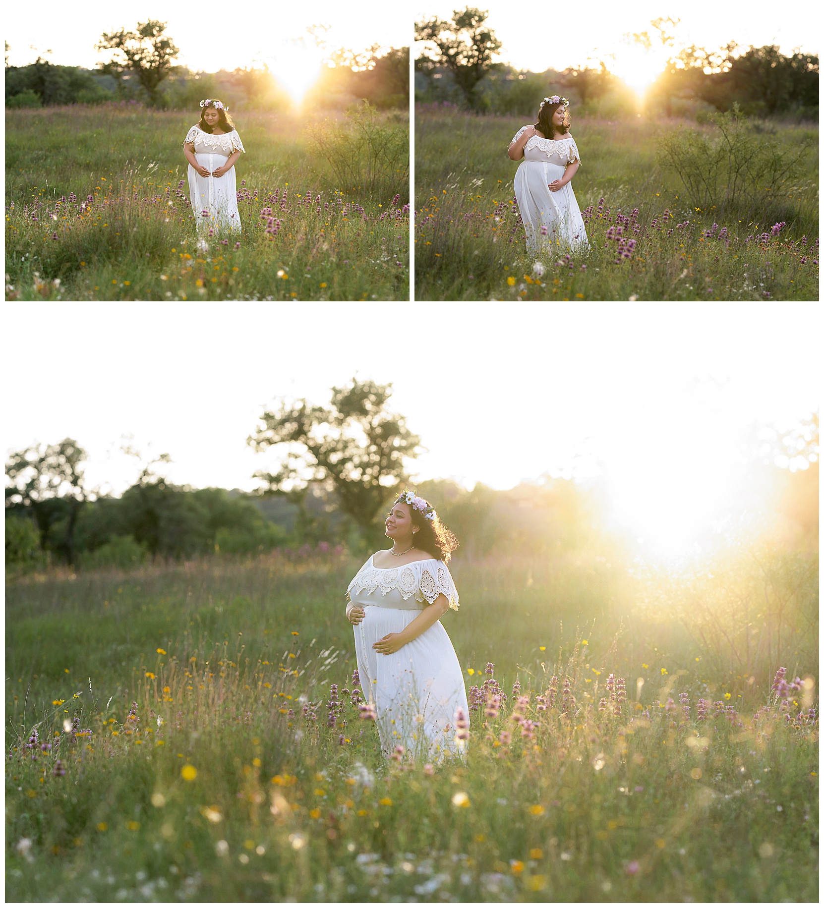 A series of three Texas wildflower maternity photos featuring a pregnant woman in a white dress and a floral headdress standing in front of the sunset in a field of wildflowers.