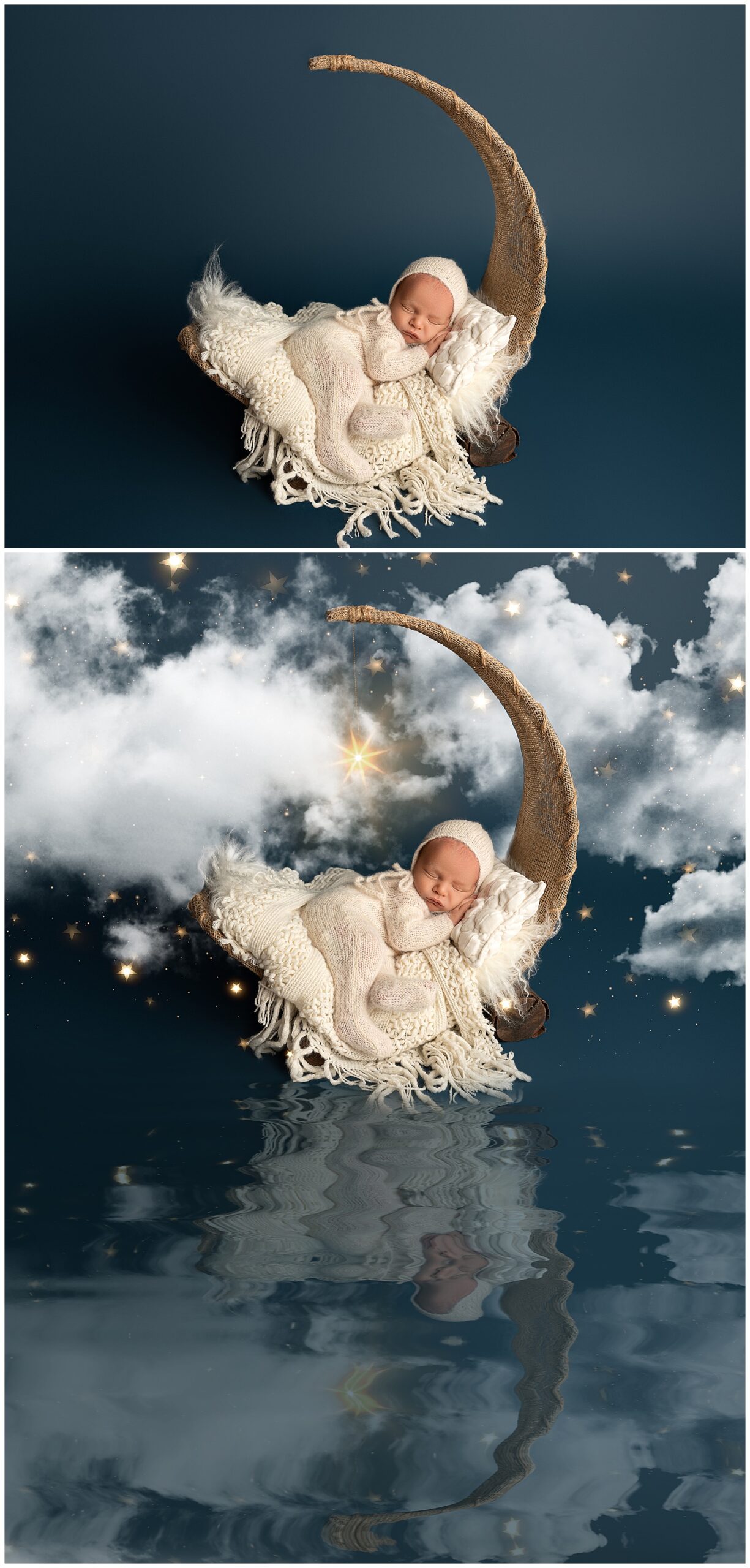 Two newborns photos. Top photo has a newborn on a jute moon prop on a plain blue background, and bottom contains the same photo with photoshopped stars, clouds, and water reflection. 