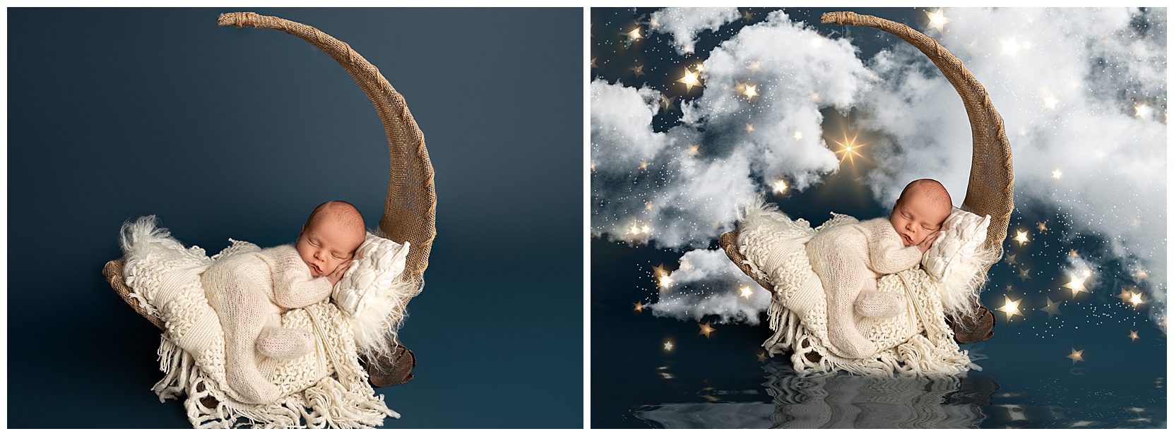 A series of two newborn photos. The left photo is before photoshop edits of a newborn on a jute moon on a blue background, the right is the same photo with photoshopped clounds, stars, and a water reflection on the bottom.