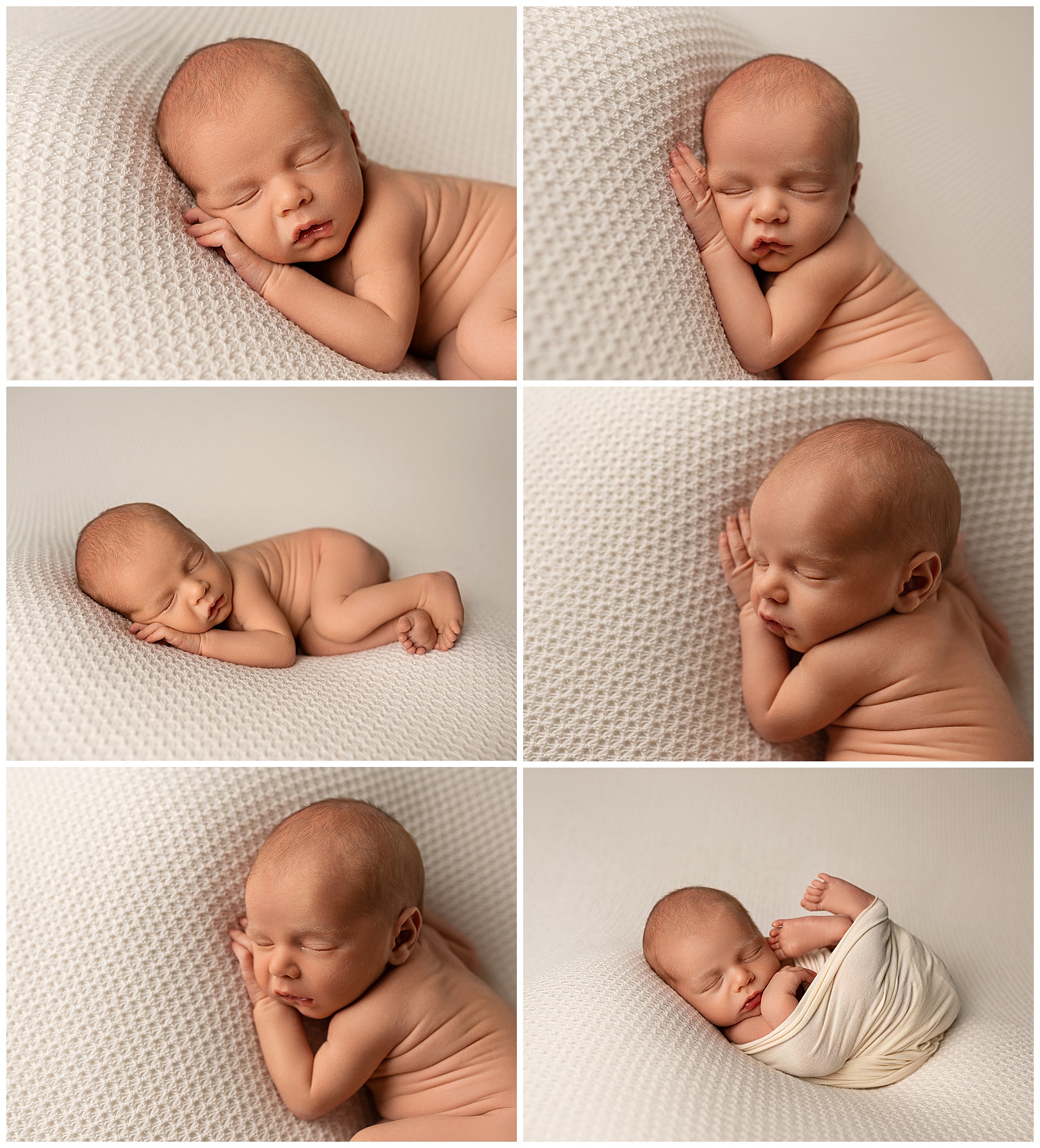 Newborns photo montage featuring the same naked newborn on a white, waffle-cut blanket. The bottom right photo is the only photo of the newborn swaddled in white.