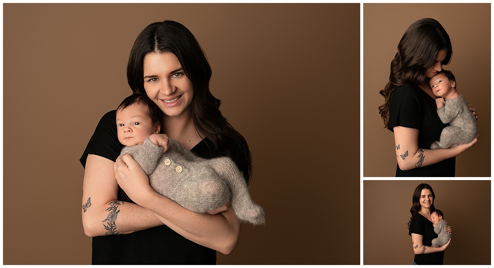 Photo montage of a mom holding her newborn baby in front of a plain, brown background. Baby is in a beige knit jumper. 