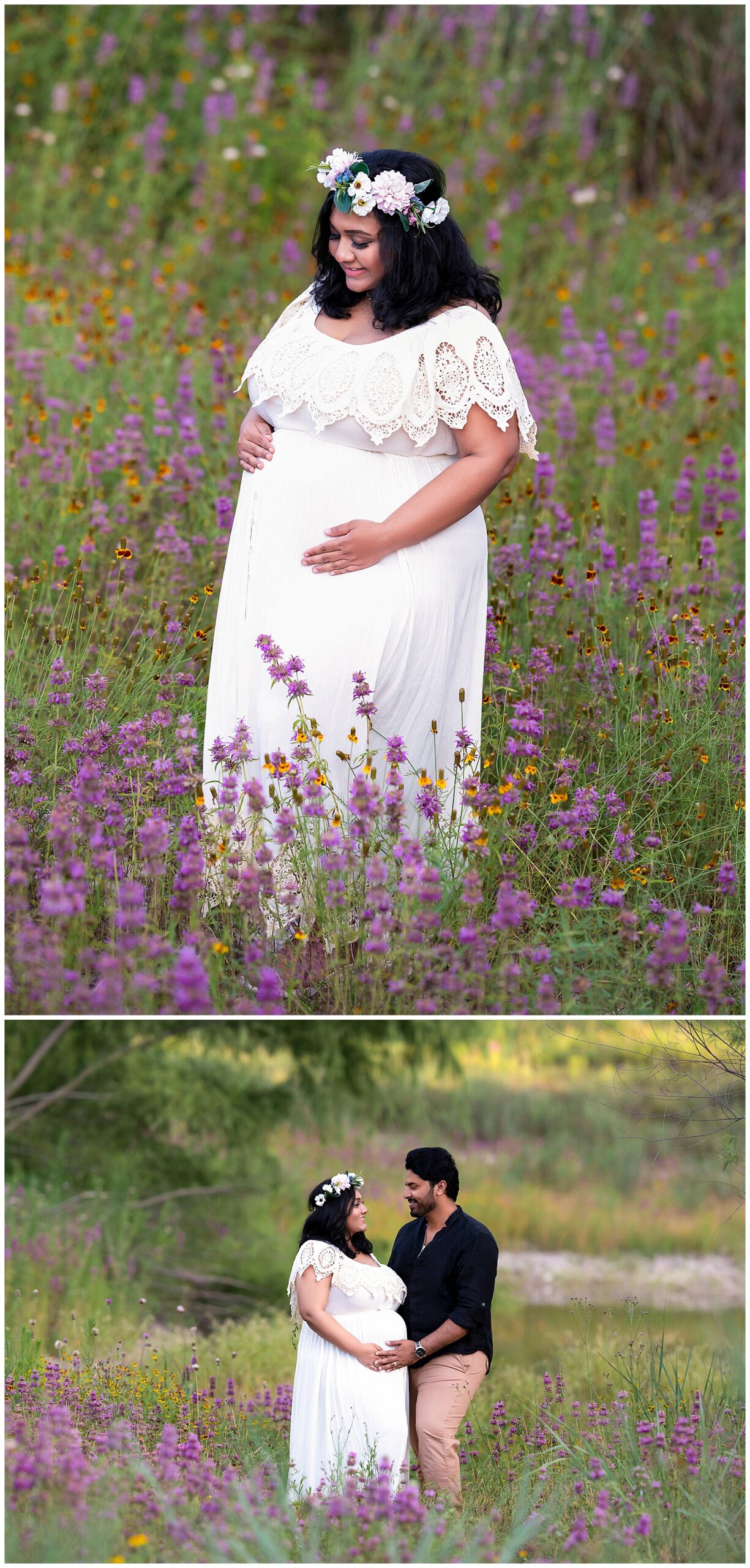 Two full-color Texas wildflower maternity photos: The top photo features a woman in a floral headdress and a white dress standing in a field of purple wildflowers. The bottom photo features a man in a black shirt facing a pregnant woman in a white dress who are both standing in a field of wildlflowers.