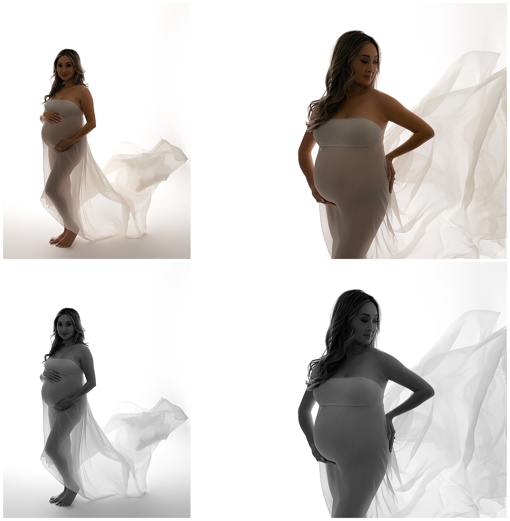 Four starkly-lit austin pregnancy photos featuring a bright white background and pregnant woman in shadows showing off her stomach.
