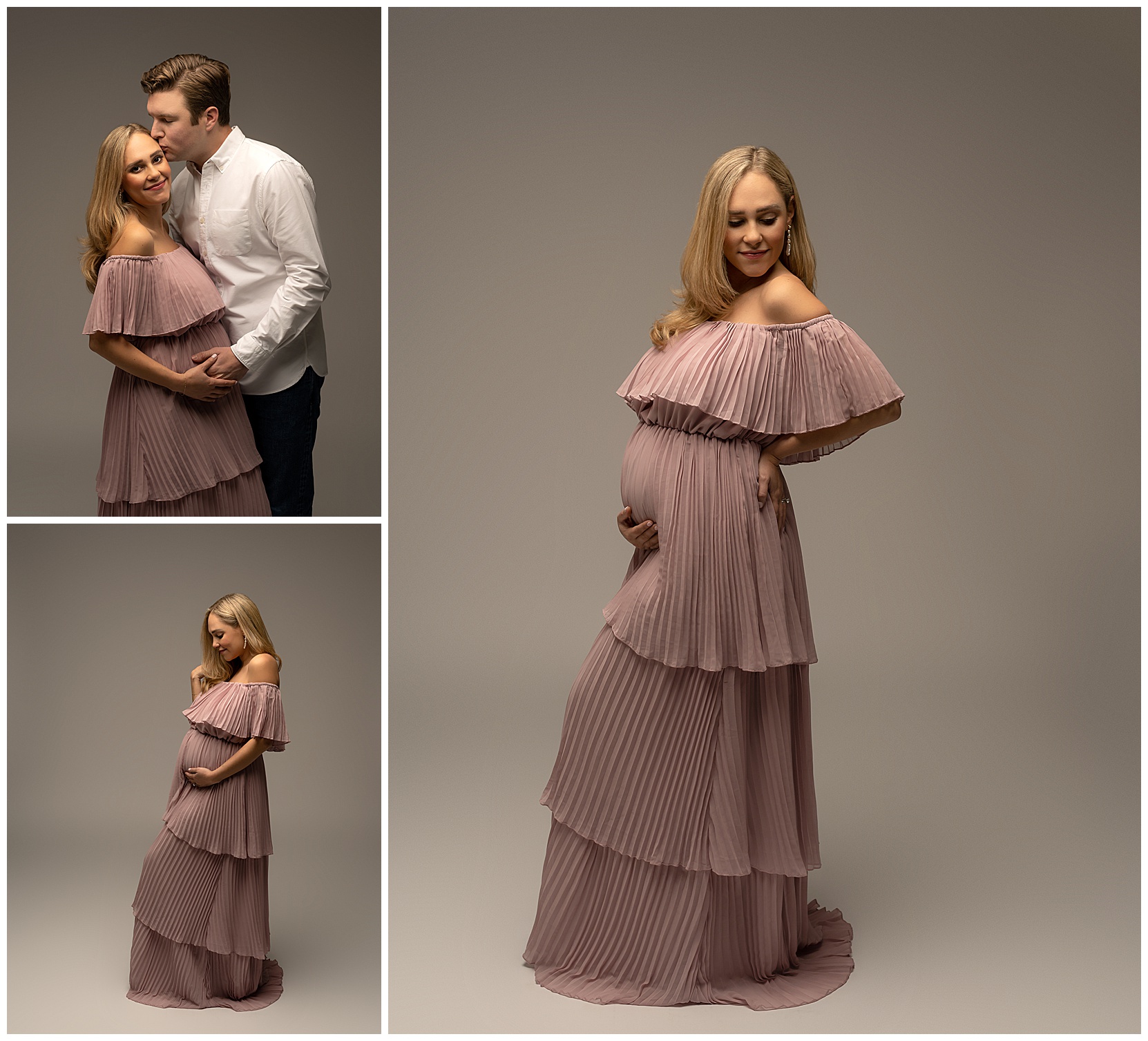 Cedar Park Maternity Session featuring pregnant woman in a pink crinkle dress with a ruffle top