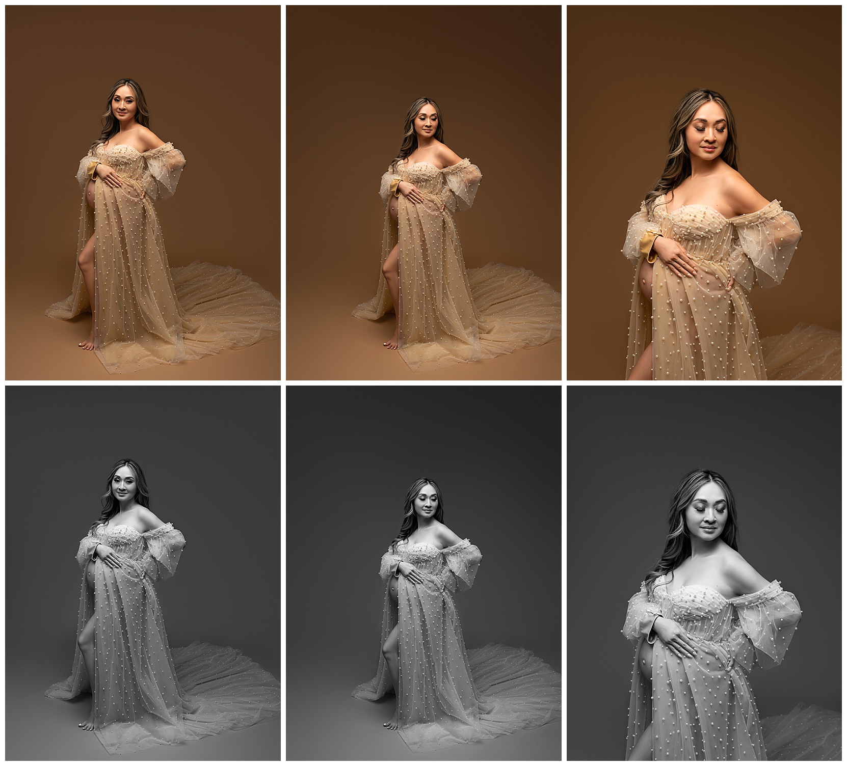 An austin maternity photo montage of a young mom in a cream-colored, sheer gown posing her baby bump in front of a plain, brown background