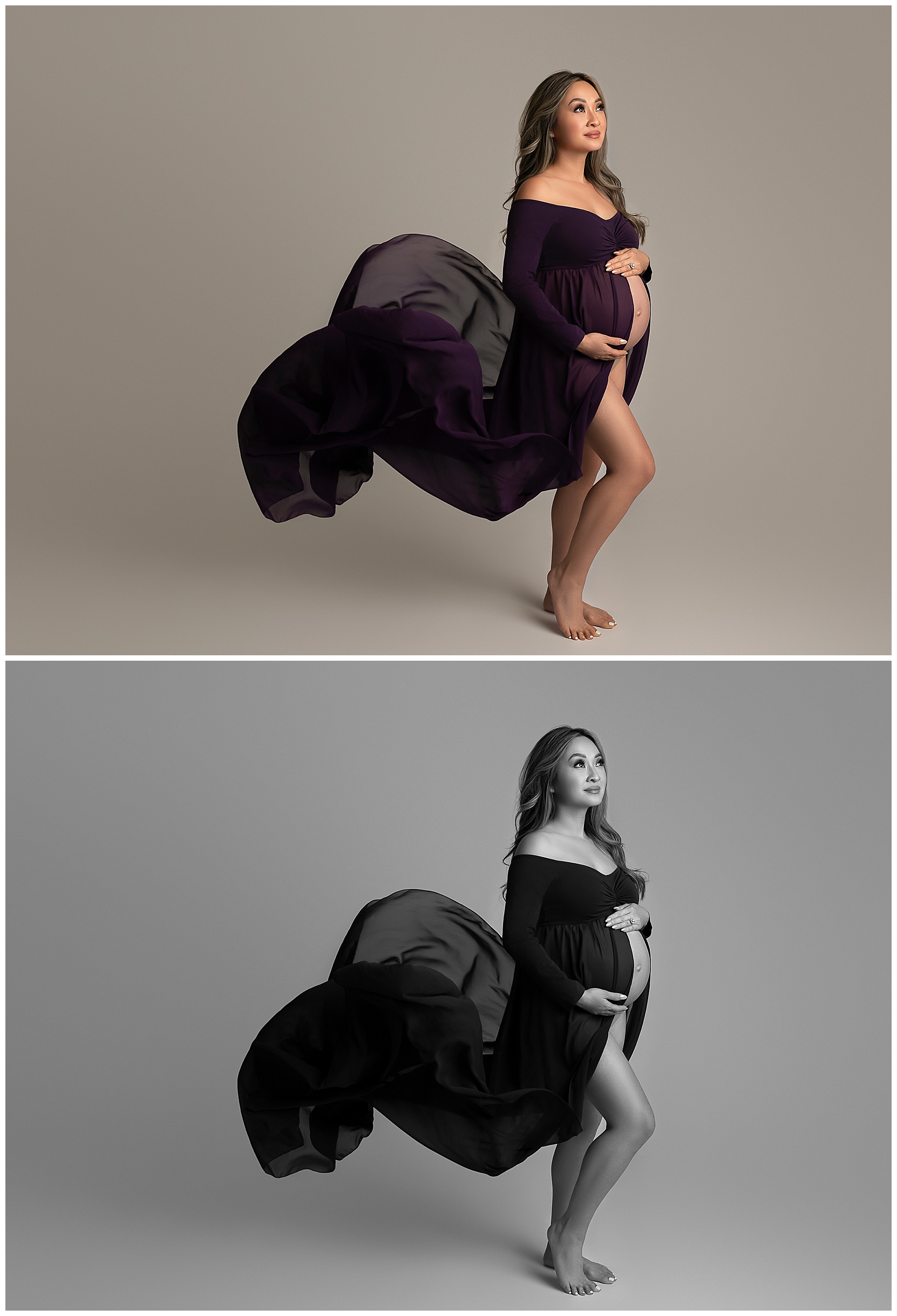 Two photos, one in color and one in black and white, featuring a mom in a deep purple maternity gown looking up hopefully. The train of this mom’s gown is flowing behind her in this maternity photograph. 